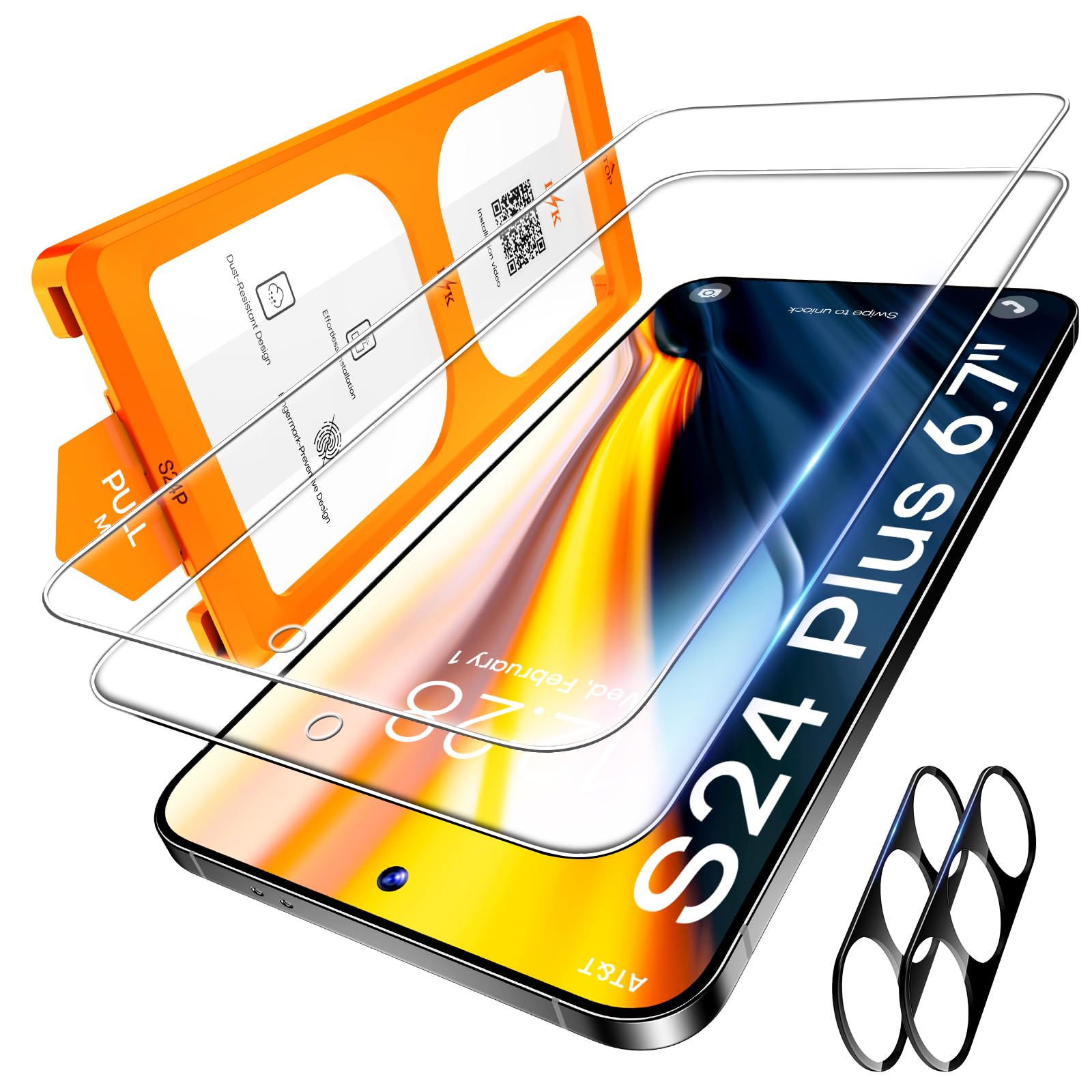 LϟK [2+2] Screen Protector for Samsung Galaxy S24+/ S24 Plus Tempered Glass + Camera Lens Protector with Auto-Dusting Frame [Mil-Grade Shatterproof] 0 Bubble 9H Film for S24 Plus