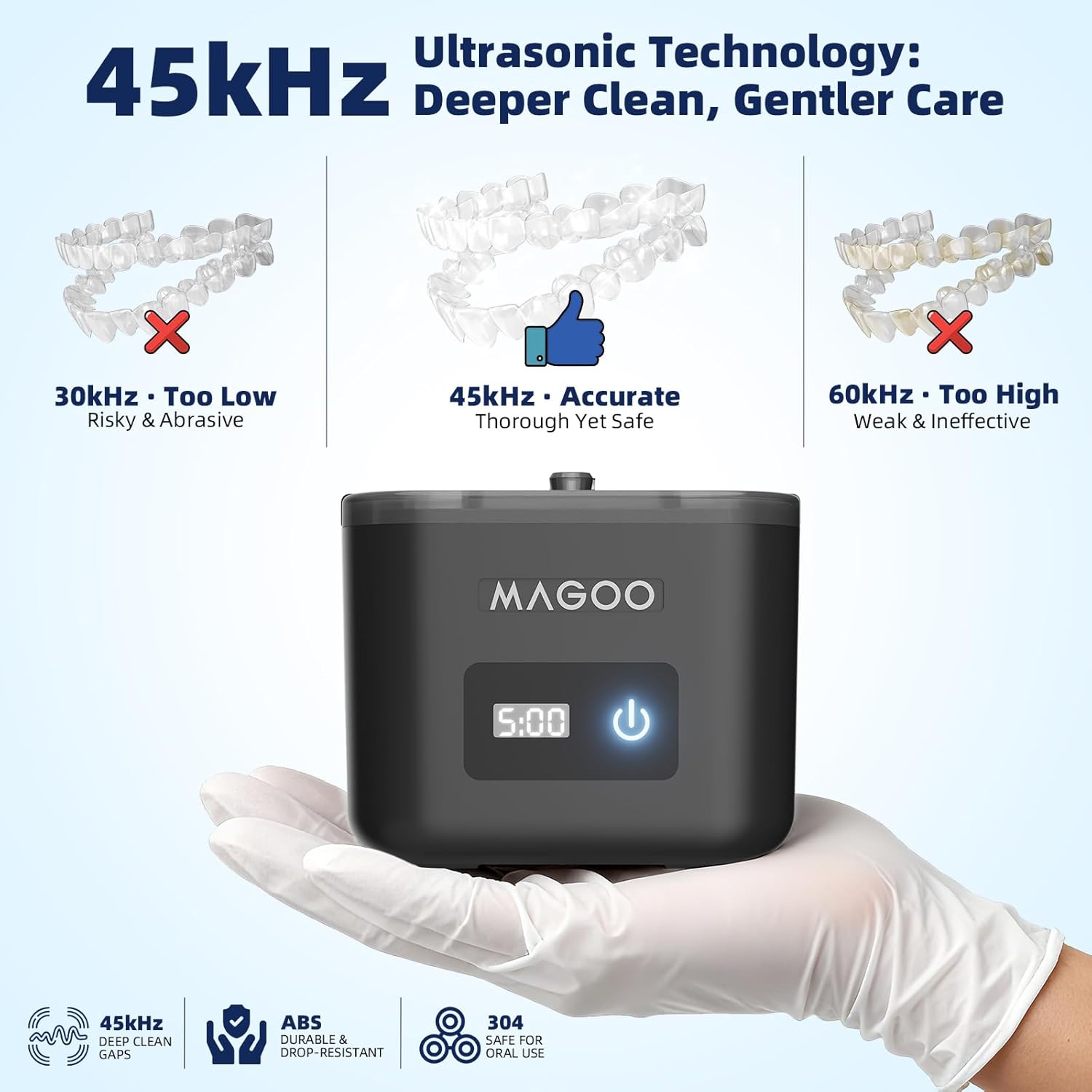 Ultrasonic Retainer Cleaner Machine, Denture Cleaner, All-in-One Dental & Jewelry Cleaner for Aligners, Night Guards, Dentures, Braces, Mouth Guards, Toothbrush Heads, 45kHz, 200ML, Dual Modes - Image 5