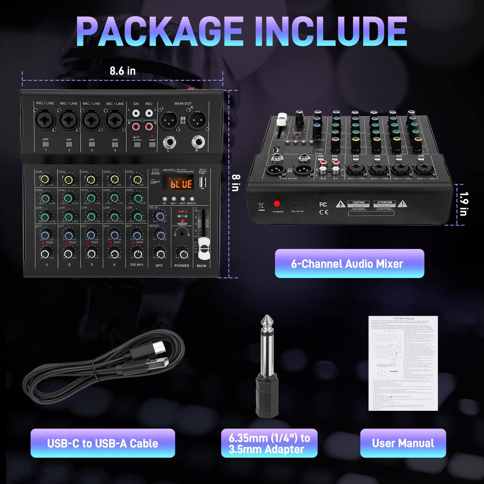 Mixer audio DJ a 6 canali con Bluetooth, scheda audio USB/MP3, effetti DSP integrati e alimentazione phantom 48V, console di mixaggio compatta per karaoke, podcast, live streaming e registrazione in