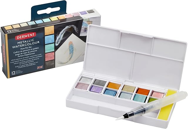 Derwent Inktense Metallic Paint Travel Set Palette, Includes 12 Colours, Waterbrush & Sponge, Painting, Ideal For Crafts, Professional Quality, 2305657