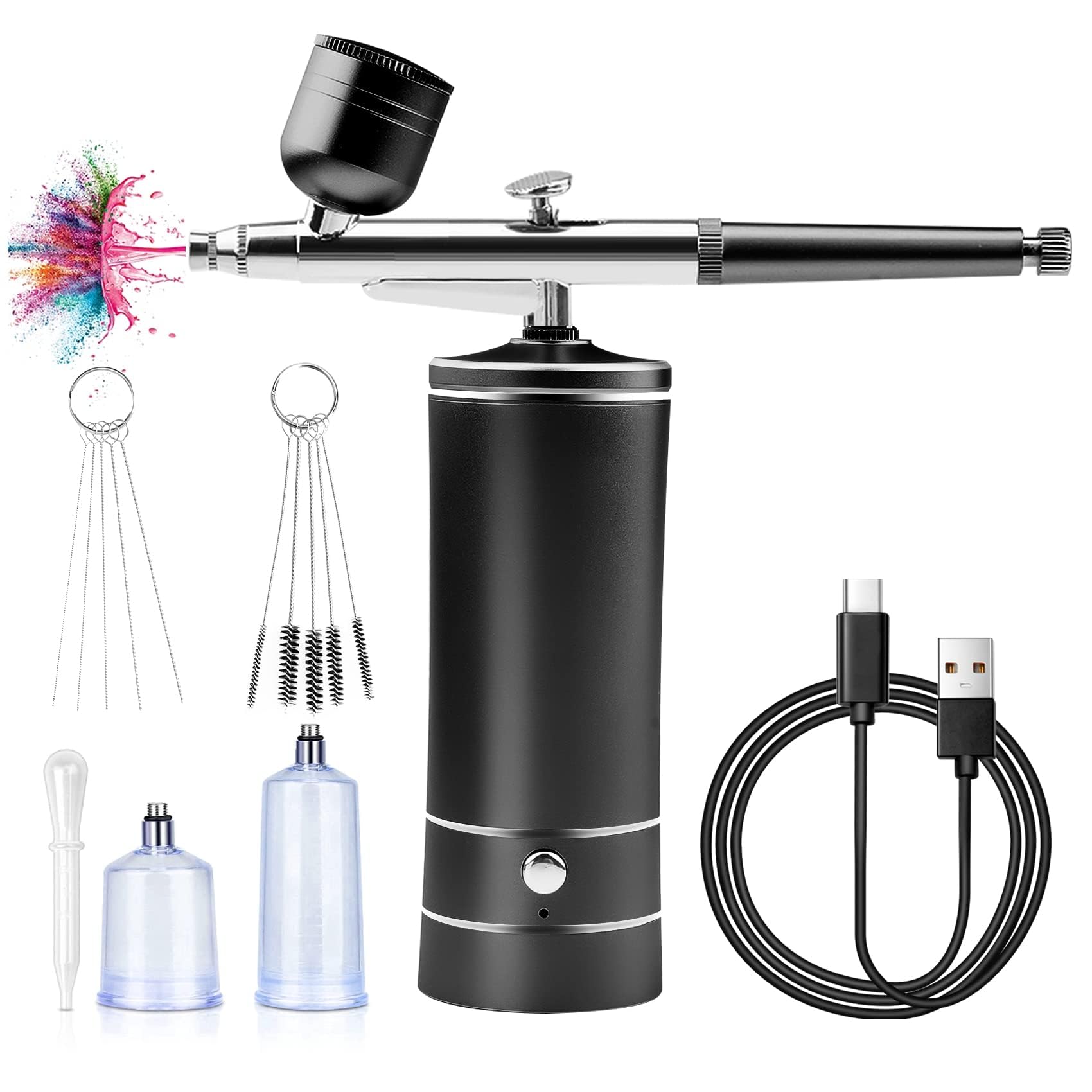 Daakro Cordless Airbrush Set - Portable Rechargeable Airbrush Kit with Compressor, Auto Handheld Air Brush Gun Sets for Makeup, Nail Art, Cake Decor, Model Painting, Barber, Tattoo - Black