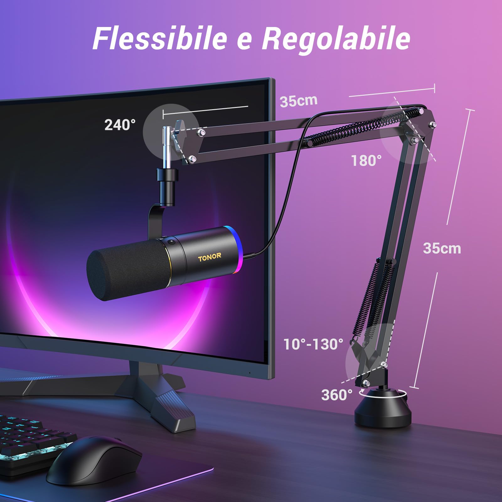 TONOR Microfono Gaming USB/XLR con Supporto da Braccio, Microfono PC Dinamico RGB per Twitch, Streaming, Podcasting, Discord, Microfono in metallo Cardioide per Mac Android, 200cm,TD520S+