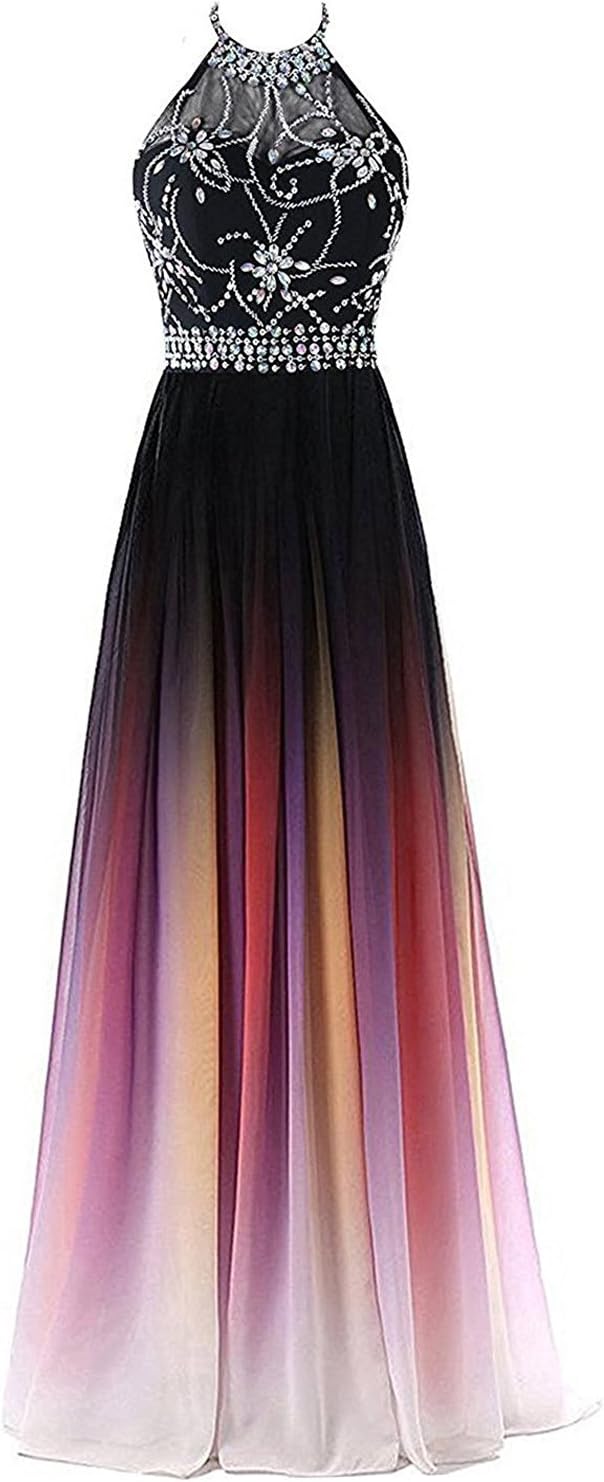 Kivary Sheer Beaded Halter Gradient Ombre Chiffon Long Prom Evening Dresses