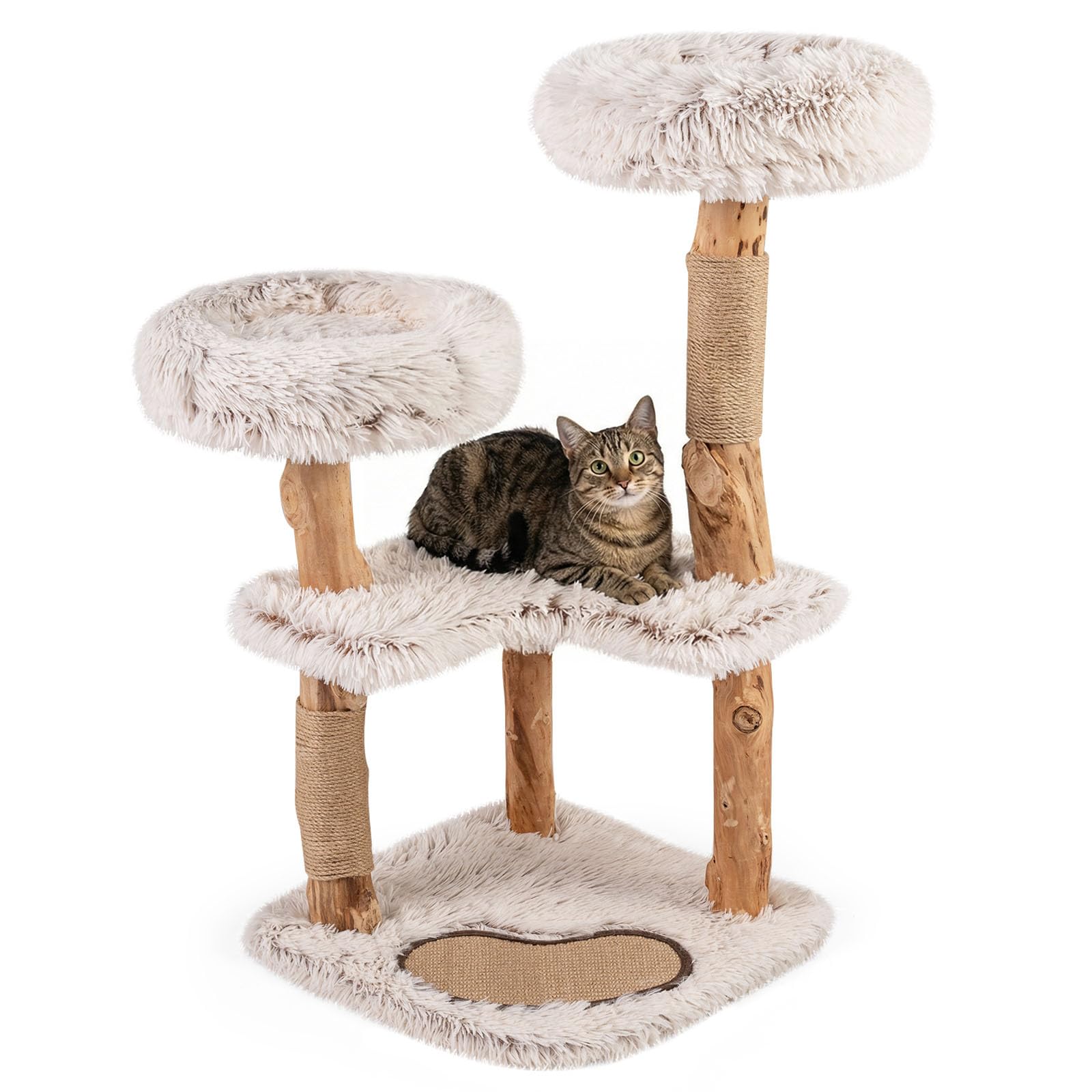 COSTWAY Albero per Gatti Alto 101 cm con Rami Naturali in Legno Massiccio | Tiragraffi per Gatti con 2 Punti d’Appoggio Imbottiti, Tappetino e Cuscini in Peluche Rimovibili
