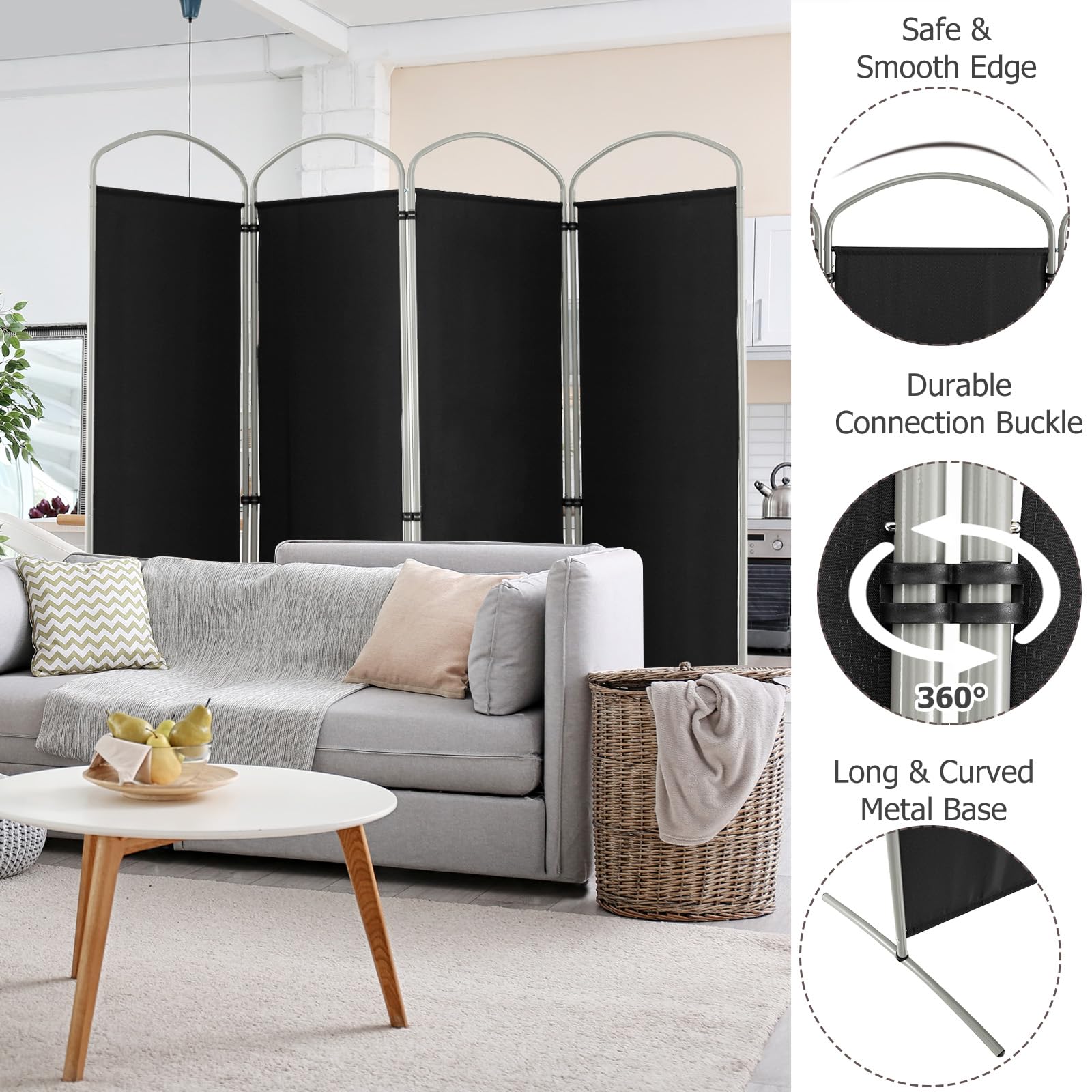 LIFEZEAL Biombo Divisor Plegable, Separador de 4 Paneles 188cm, Pantalla móvil, Pared divisoria, Marco metálico, Base Estable, Protege la intimidad para Interior y Exterior, Negro