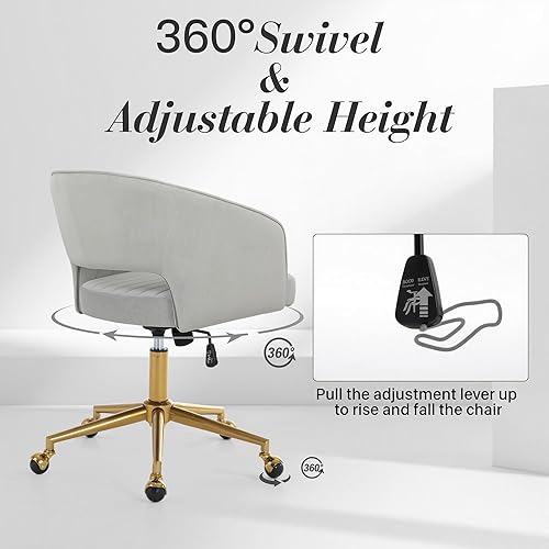 Miniatura 4 de Silla de escritorio giratoria para oficina en casa, moderna silla de escritorio de terciopelo, sillón de altura ajustable con base dorada, silla de