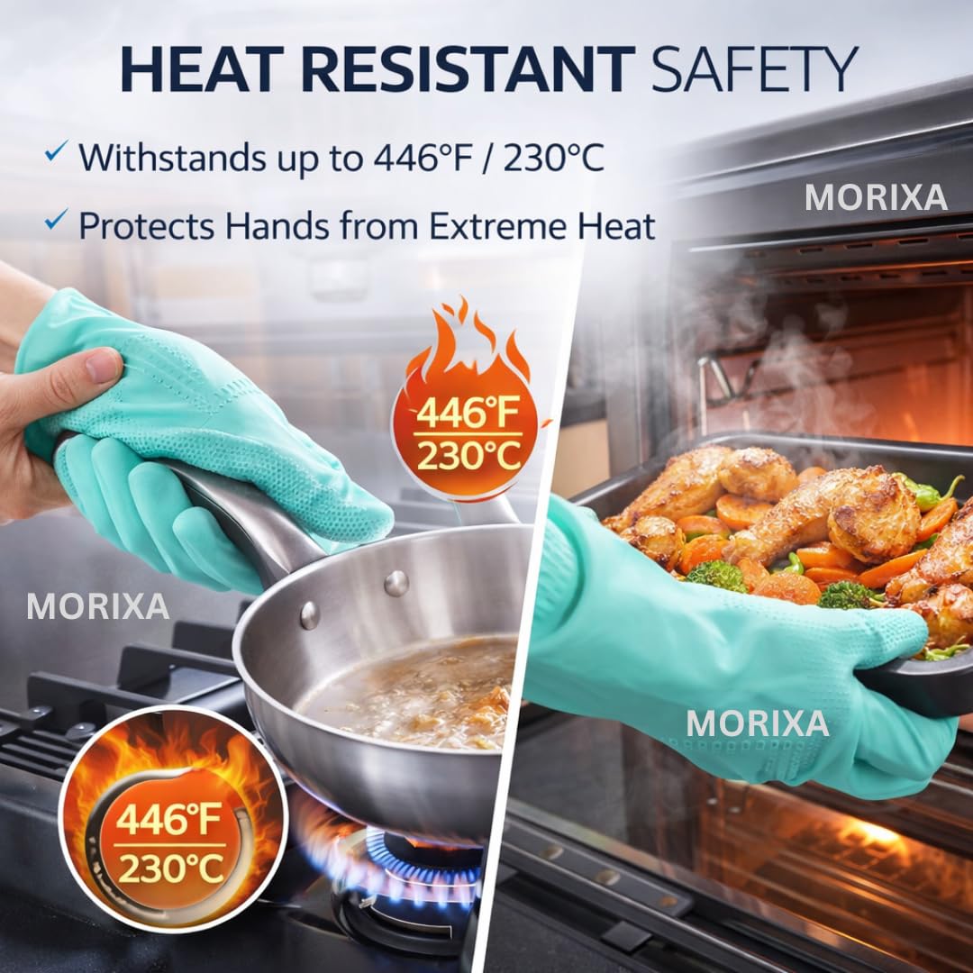 MORIXA Magic Silicone Cleaning Gloves (1 Pair Multicolour) Heat Resistant & Non-Slip Dishwashing Gloves for Kitchen, Bathroom, Car Cleaning & Pet Grooming | Reusable Soft Scrubber Gloves 3