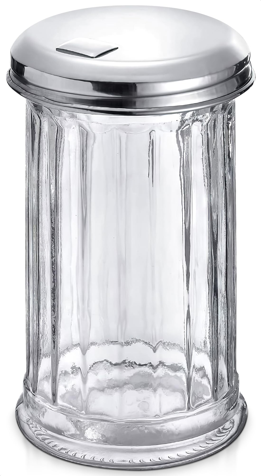 12 Oz Sugar Container with Pour Spout – Glass Sugar Dispenser with Stainless Steel Flip Lid, Durable & Classic Style Jar for Coffee Bar, Kitchen or Cafe – Suitable for Cinnamon & Seasoning Storage