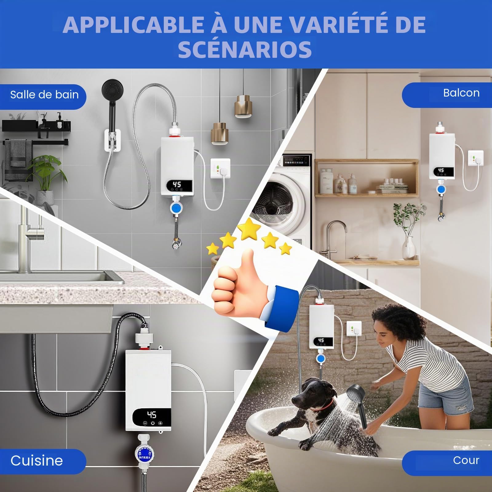 Mini chauffe-eau instantané 5500 W, rapide sans réservoir 220 V, chauffe-eau instantané avec kit de douche, avec indicateur de température LED pour douche (A)