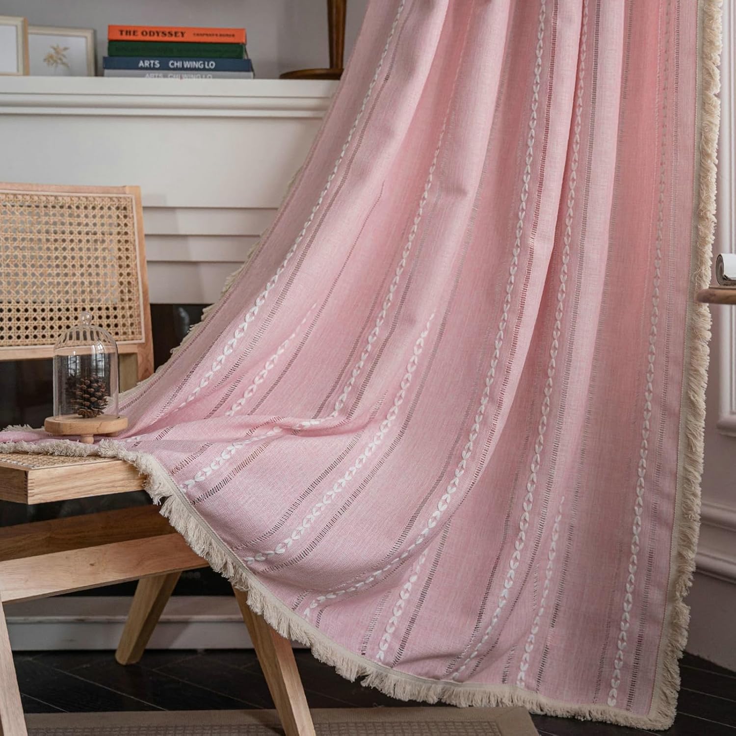 Daesar Semi Blackout Curtains 2 Panels, Cotton Rod Pocket Window Curtains 52" W x 24" H Drapes Solid Color Embroidered Striped with Tassels Pink Blackout Curtains for Living Room Bedroom