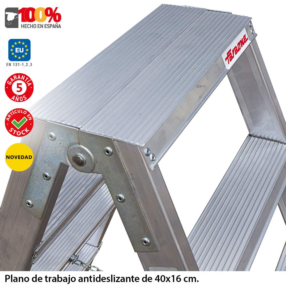 Faraone - Taburete Alto de Aluminio TPAS03-3+3 peldaños -76x50x25 cm - Uso Profesional - Taburete de Doble Subida - Peso Máximo Soportado de 150 kg - Cumplimiento normativa Europea EN 131