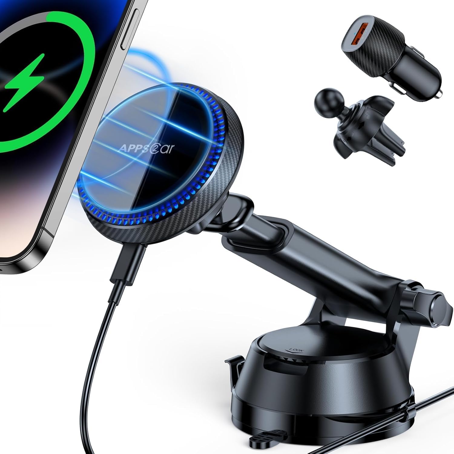 APPS2Car 15W Magnetic Wireless Car Charger, Dashboard/Windshield/Vent Car Phone Mount for iPhone 16/15/14/13/12 Series, Compatible with MagSafe and Cases