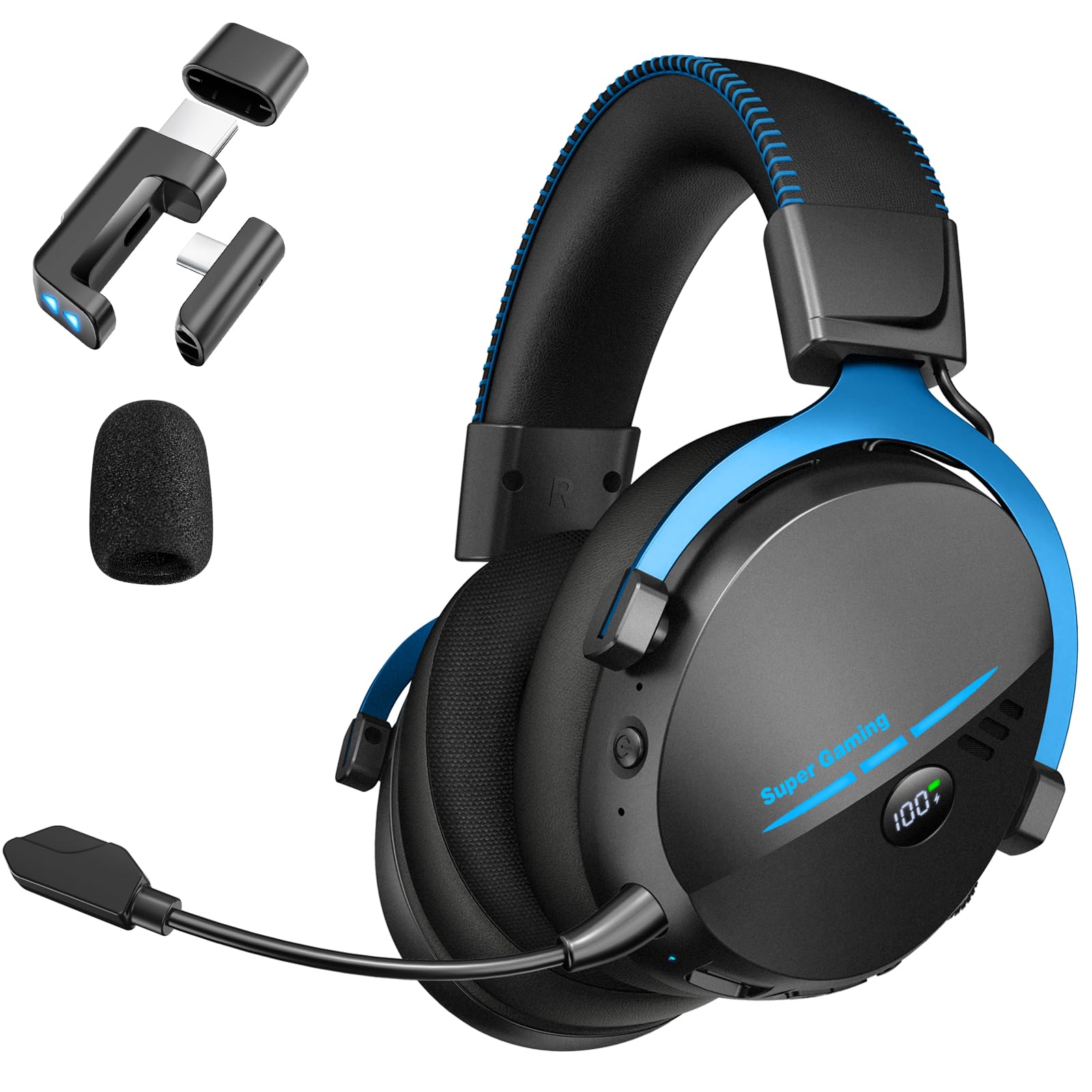 Wireless Gaming Headset für PC, PS5 und PS4, mit BT6.0 und 2.4GHz, 100H | PC Headset, Gaming-Headset, 50mm-Dynamik-Laufwerk, klares Mikrofon, RGB, Digitale Batterie-Anzeige Größe einstellbar