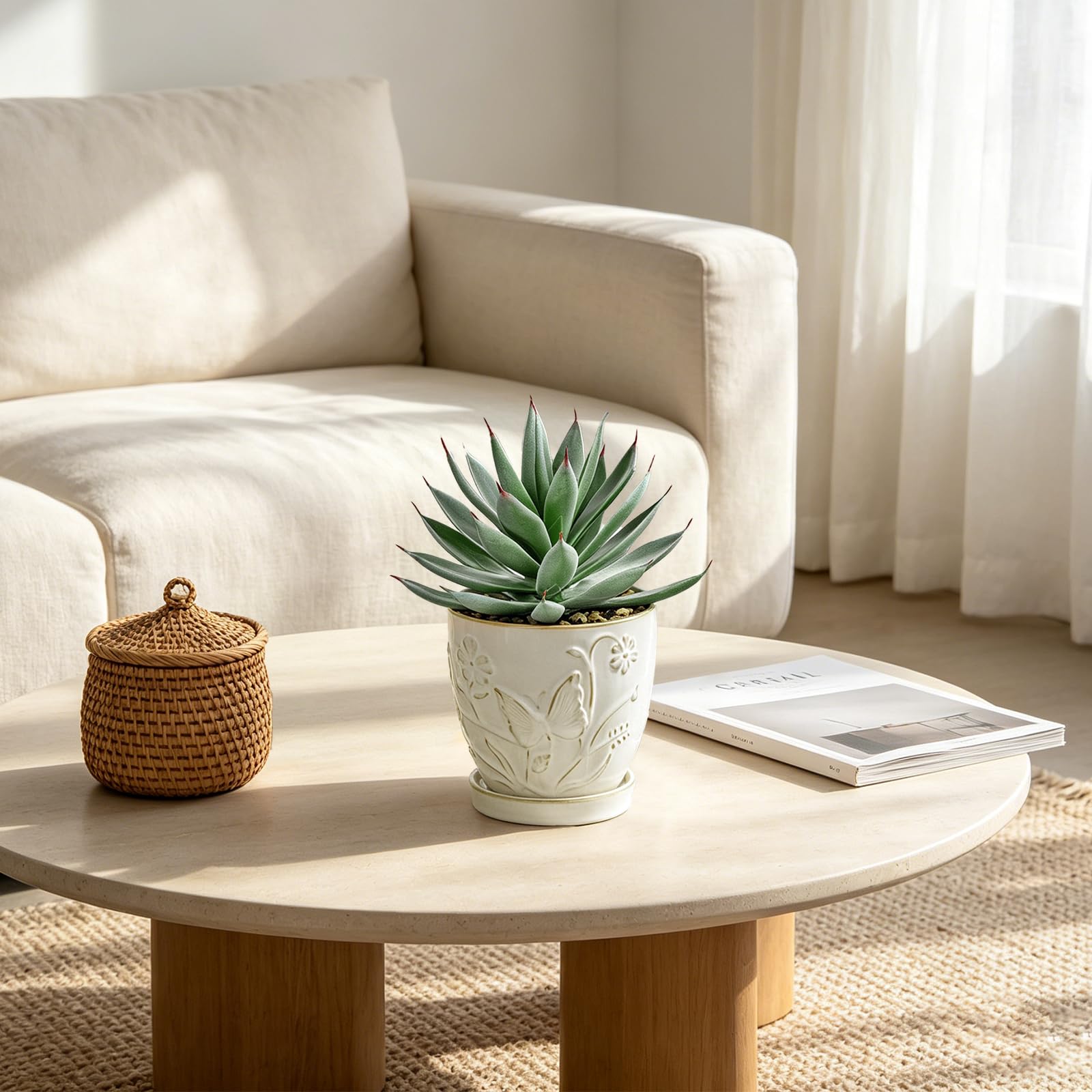 Briful Pianta grassa artificiale in vaso di ceramica bianca con piattino, piccola pianta di agave finta, pianta finta per interni per scrivania, bagno, scaffale, ufficio, casa colonica, decorazione