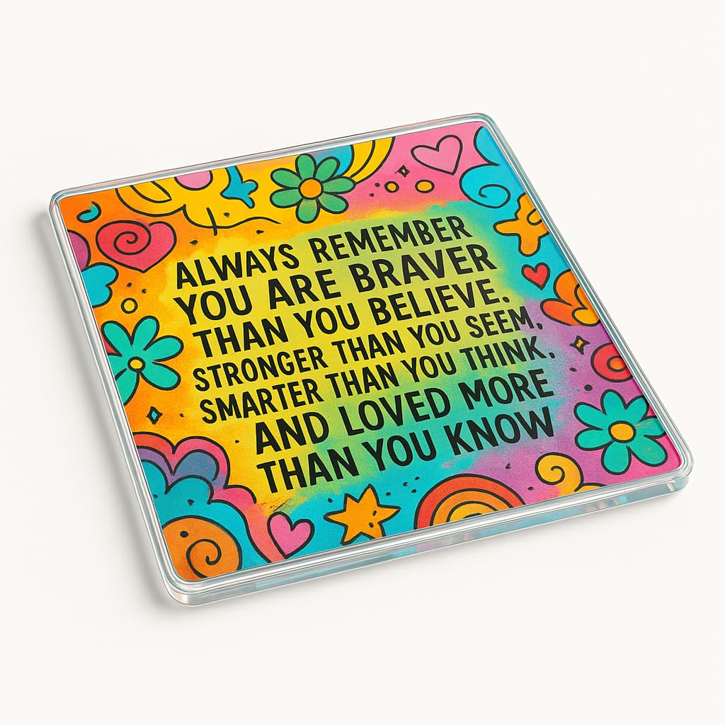 The Plum Penguin Brave Joy Vibes Inspirational Acrylic Coaster Gift With Vibrant Quote Design - Uplifting Desk Decor For Daily Positivity Boost