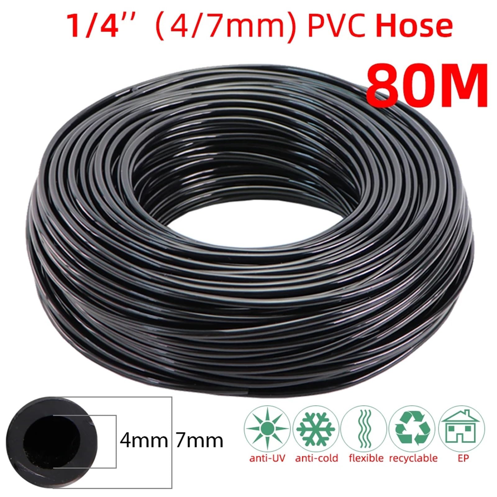 Manguera de riego jardín 5M-140M, tubo PVC 1/8 '', 1/4'', 3/8'', por microgoteo, tubería flores for plantas agua para Maquinaria Proyecto de Bricolaje(Kx80M)