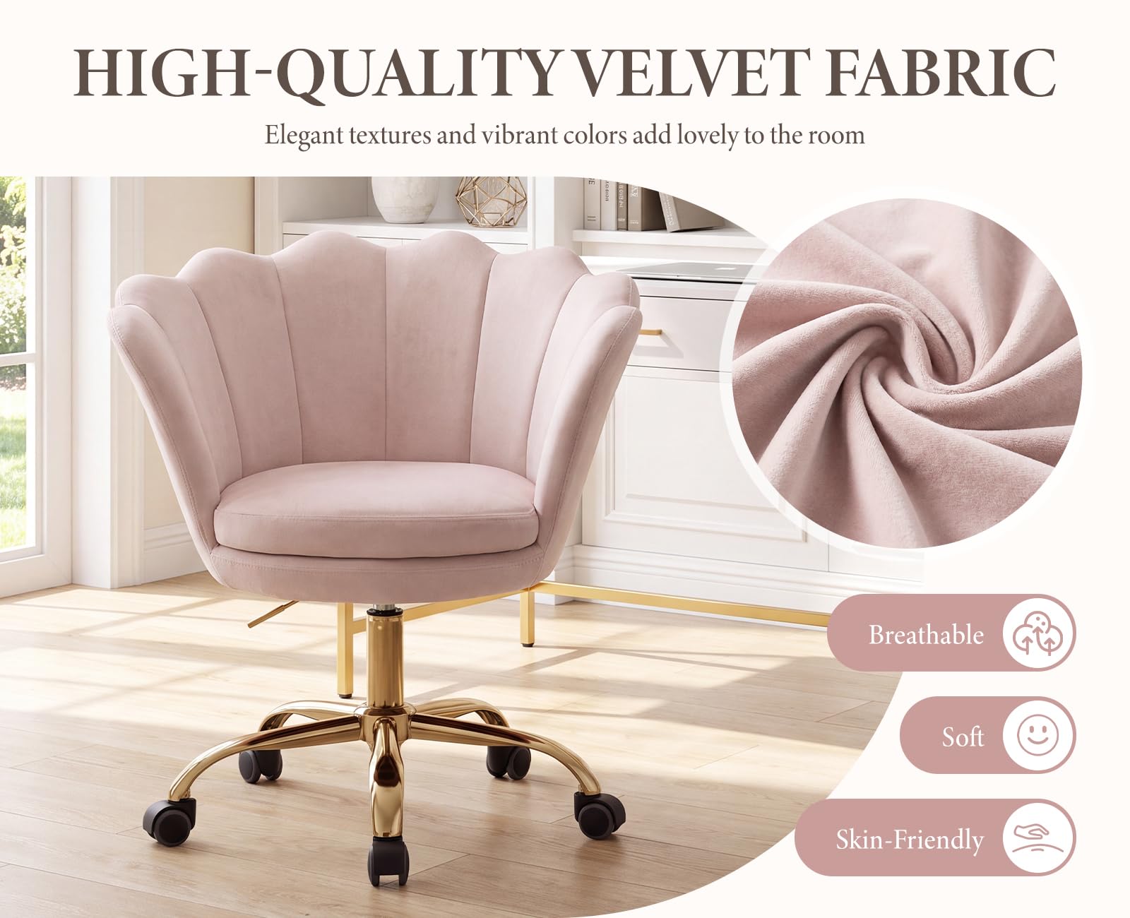Ya-Home Silla Tocador Silla Escritorio de Terciopelo con Ruedas,Rosa Claro | Terciopelo, Giratorio, Ruedas, Altura Ajustable, 10cm Cojin Grueso, Forma de Flor, para Tocador/Dormitorio/Oficina, MAX 136KG