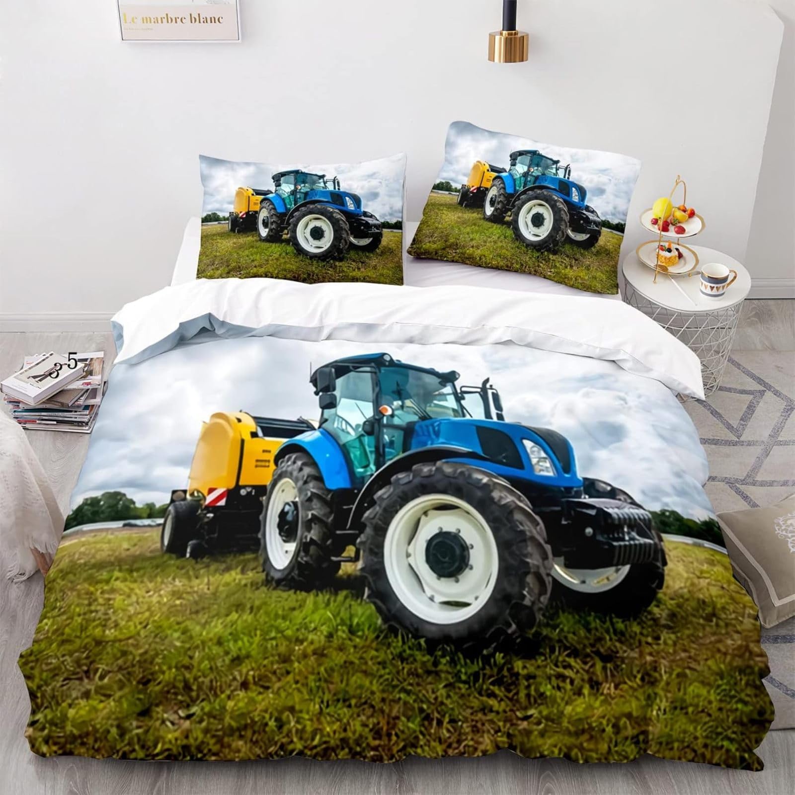 Bettwäsche 155x220 Blauer Traktor Bettwäsche-Set mit Reißverschluss Schließung und 2 Kopfkissenbezug 80x80 cm - Weicher Atmungsaktive Mikrofaser Bettbezug für Kinder Mädchen