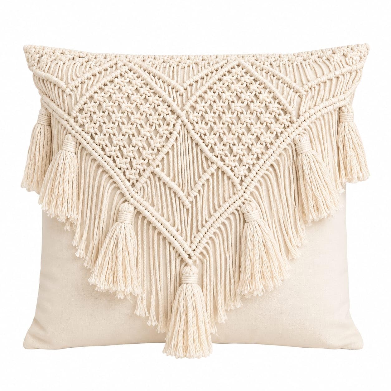 Handcrafted Cotton Macrame Cushion Cover | 16 x 16 Inches Decorative Throw Pillow Cover | Boho Woven Handmade Cushion Case with Tassel Fringe | Farmhouse Sofa Bedroom Living Room (1, Style 1)-image-42