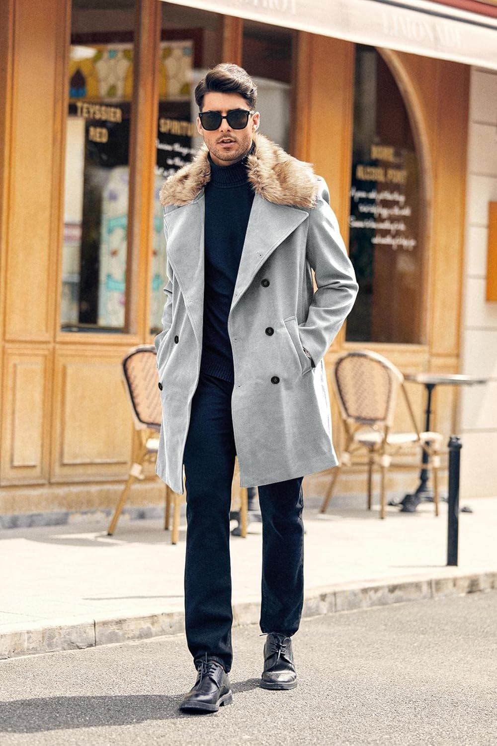 PASLTER Men's Winter Trench Overcoat Removable Faux Fur Collar Top Coat Double Breasted Business Long Pea Coat - Image 2