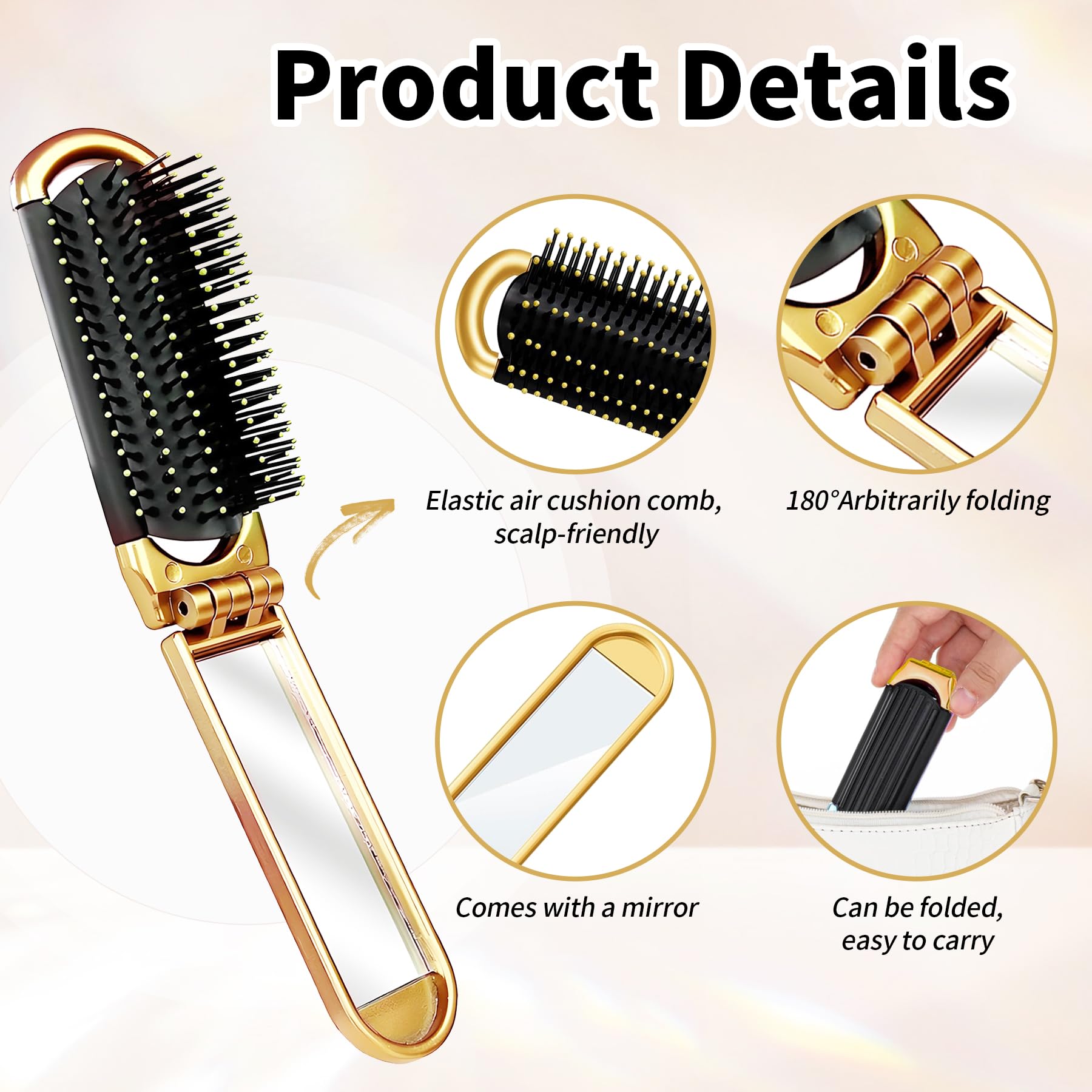 YPYMOD Spazzola per Capelli da Viaggio con Mini Specchio, Pieghevoli Spazzola Pettine per Massaggi Strumenti compatti per Lo Styling dei Capelli per Palestra, Viaggi, Borsa, Nuoto(Oro)