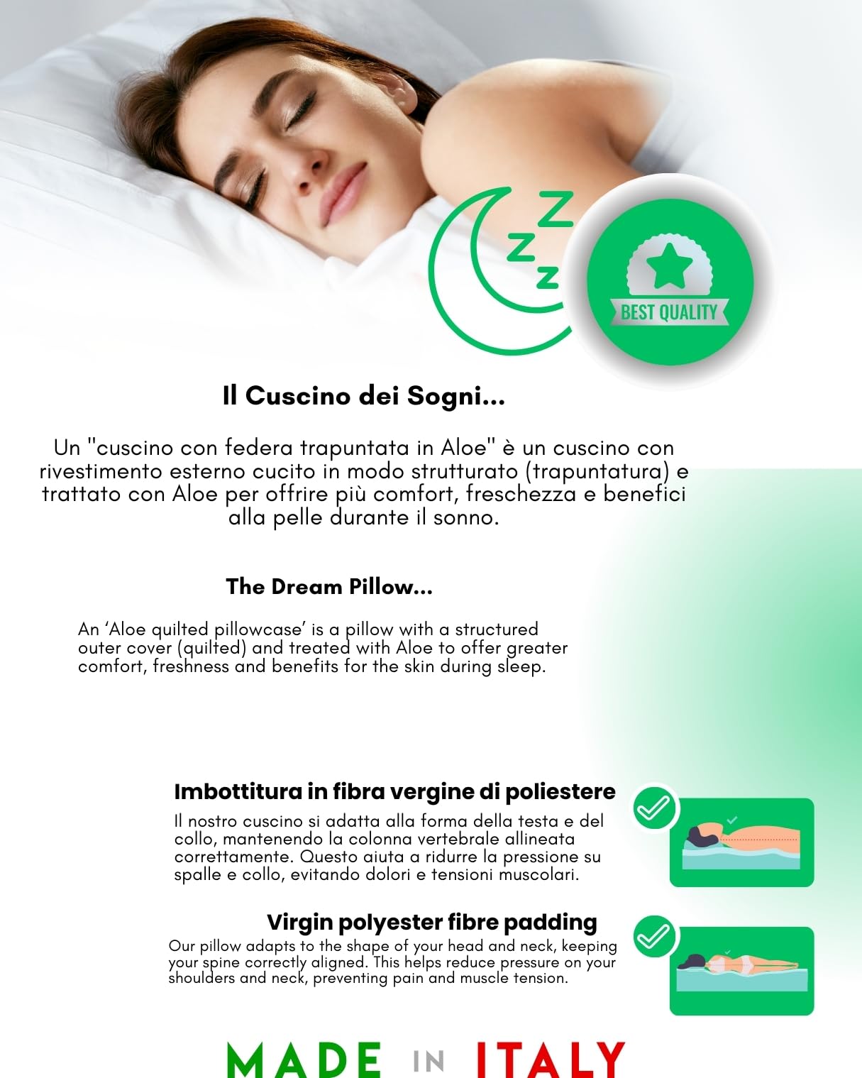 GM COPPIA Cuscini Letto Guanciali per Dormire Imbottiture Standard Antiacaro Anallergico Traspirante per letto Matrimoniale Singolo con Federa Aloe Lavabile Made in Italy