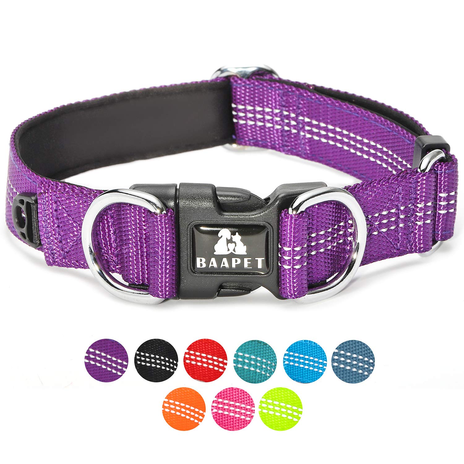 BAAPETComfortable Dog Collar with Double Security Dual D-Ring and ID Tag Hanger for Small Puppy, Medium and Large Dogs (XS - 3/4" x (9"-13"), Purple)