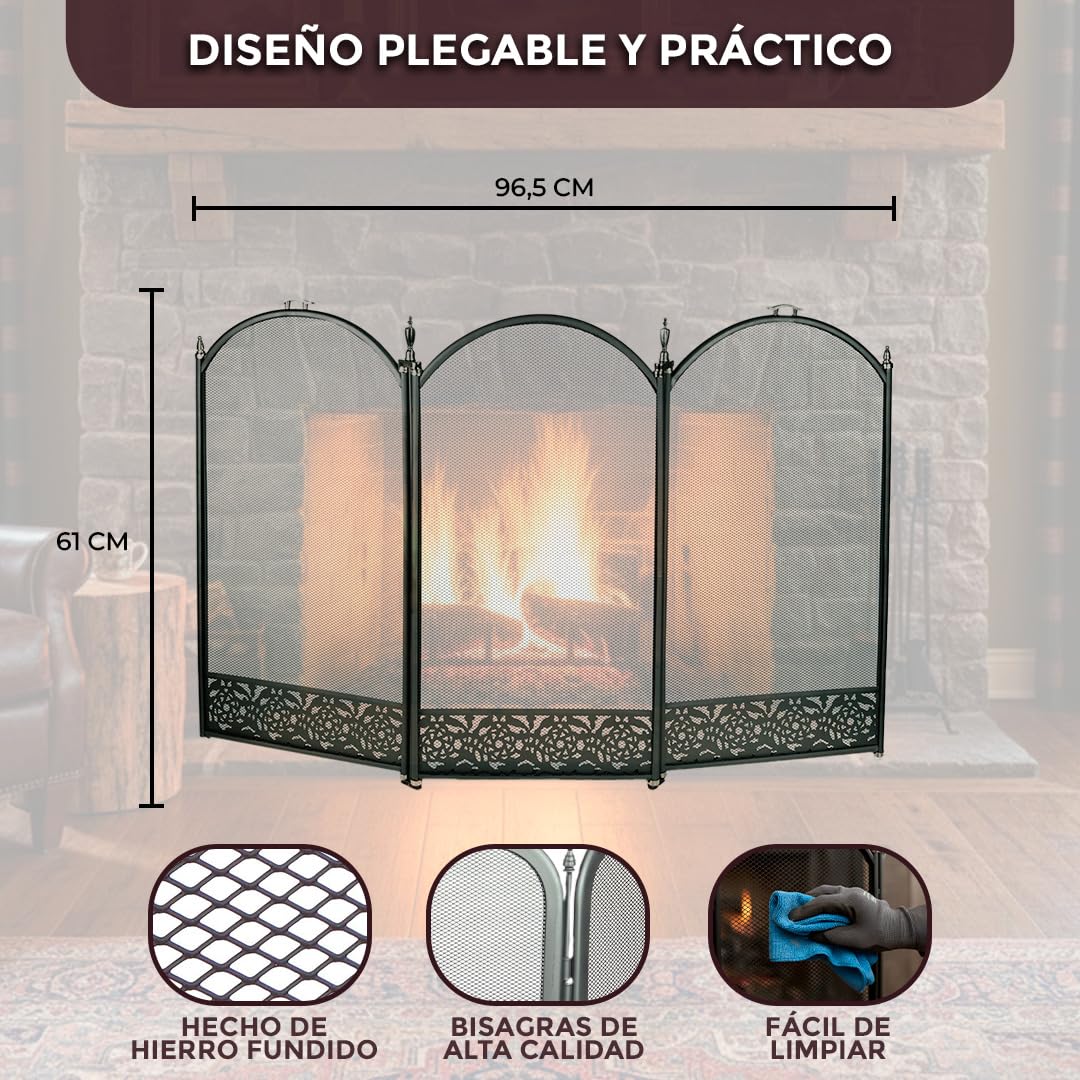 HERSIG- Protector Chimenea - Salvachispas Chimenea leña | Antichispas para Chimeneas de Leña - Rejilla Chimeneas Leña y Estufas - Plegable - 3 Hojas - 96,5 x 61 cm Diseño Decorado