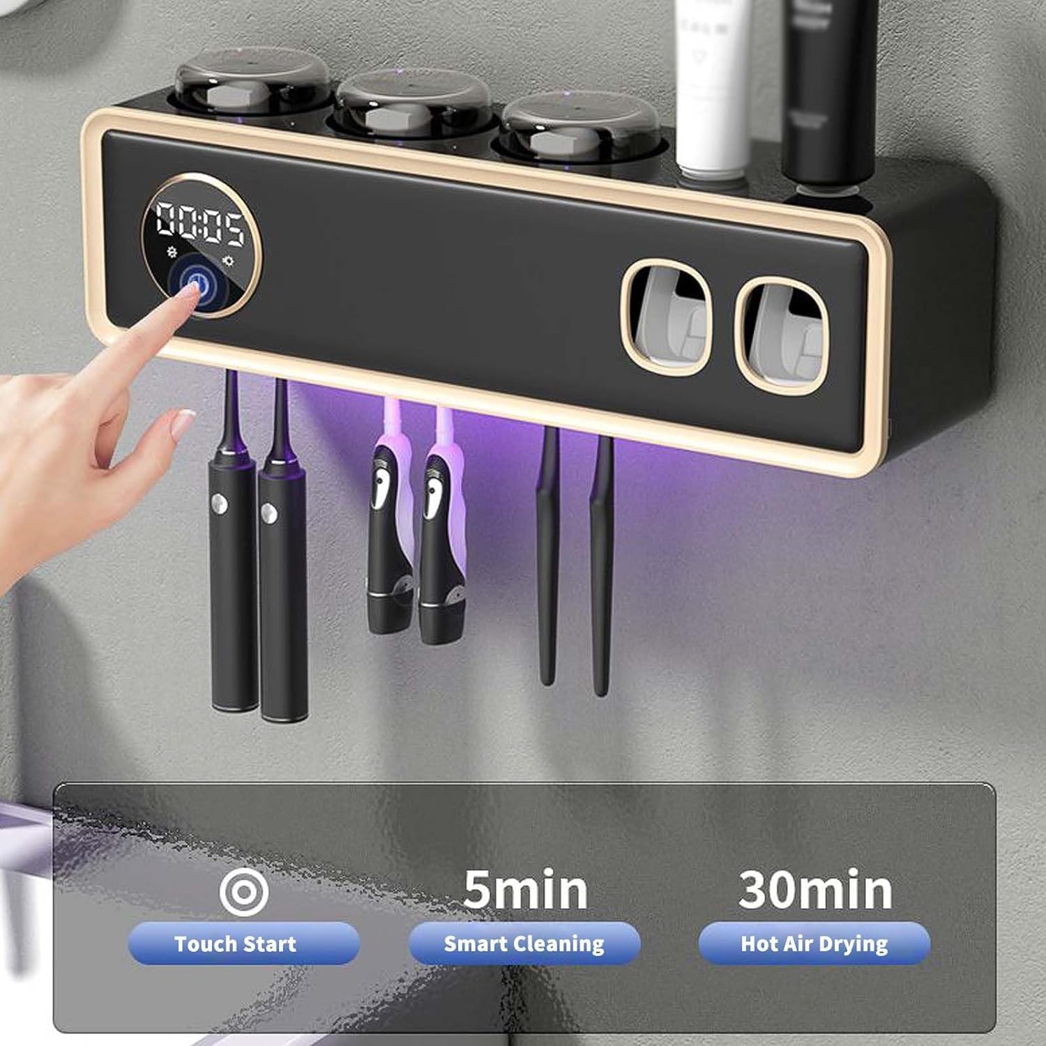 Soporte para cepillo de dientes montado en la pared con desinfectante UV y secado inteligente, pantalla LED para higiene del baño