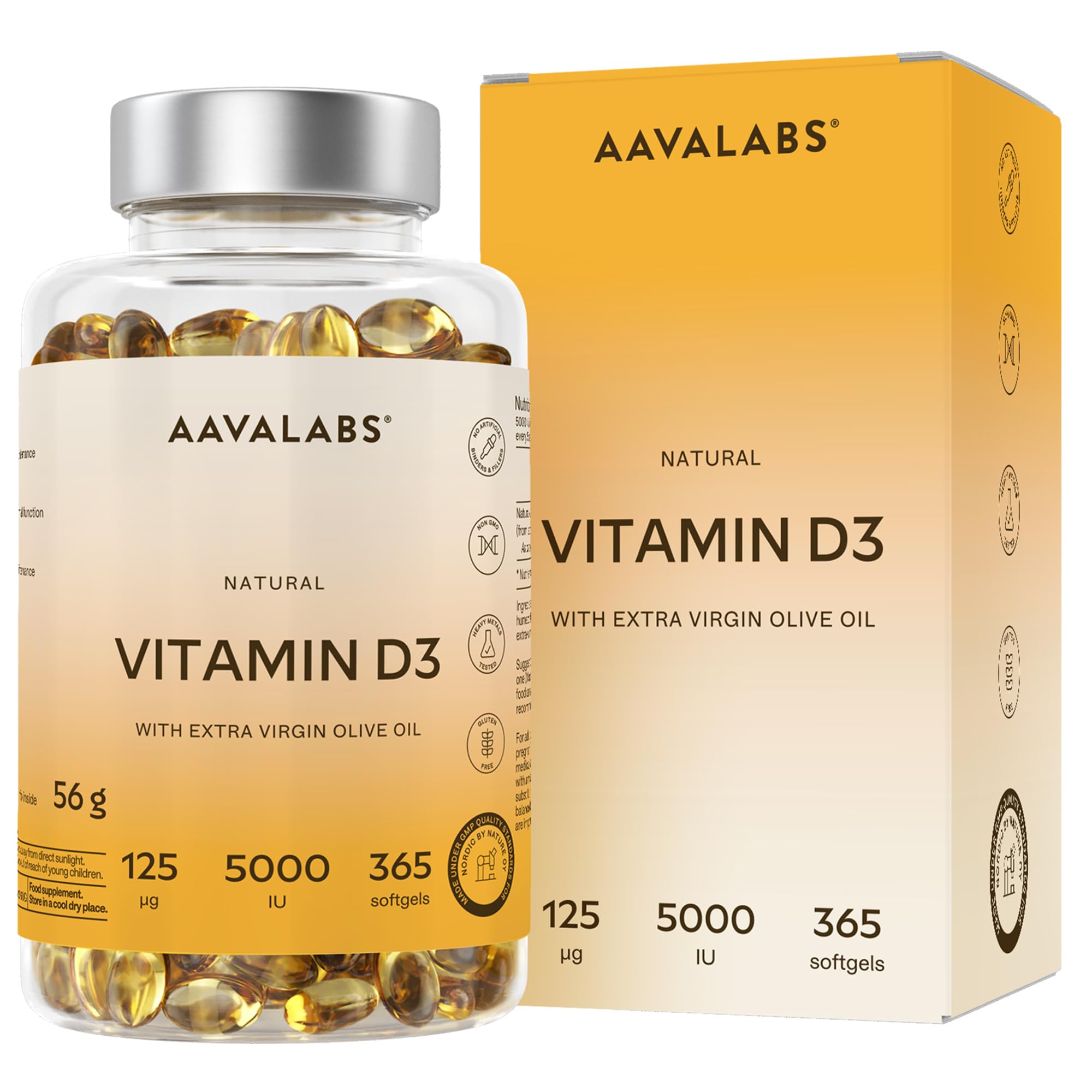 Vitamine D3 Naturelle Haute Concentration 5000 UI - Vitamine D avec Huile d’Olive Extra Vierge pour Absorption Optimale - Vitamines pour les Fonctions Osseuse, Musculaire, Immunitaire - 365 Gélules