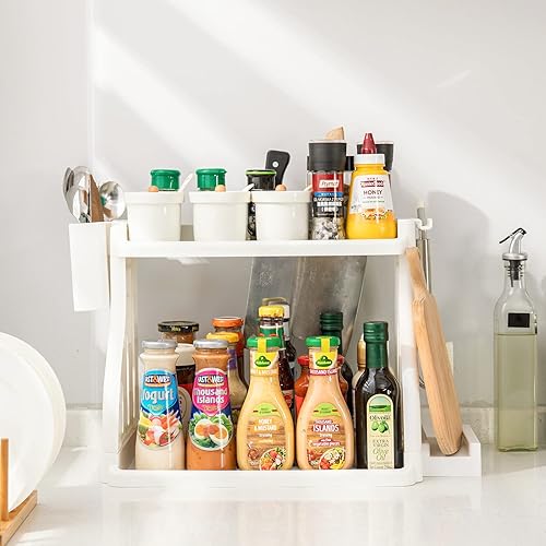 Miniatura 3 de HAIXIN Organizador en forma de L, estantes de almacenamiento de gabinete de fregadero de 2 niveles, organizador de baño de diseño hueco,