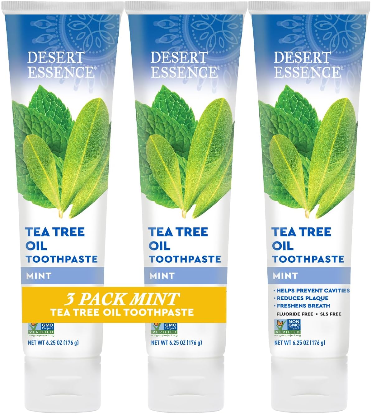 Desert Essence Tea Tree Oil Toothpaste - Mint - 18.75 Oz (6.25 Oz * Pack of 3) - Refreshing Taste - Deep Cleans Teeth & Gums - Helps Fight Plaque - Sea Salt - Pure Essential Oil - Baking Soda