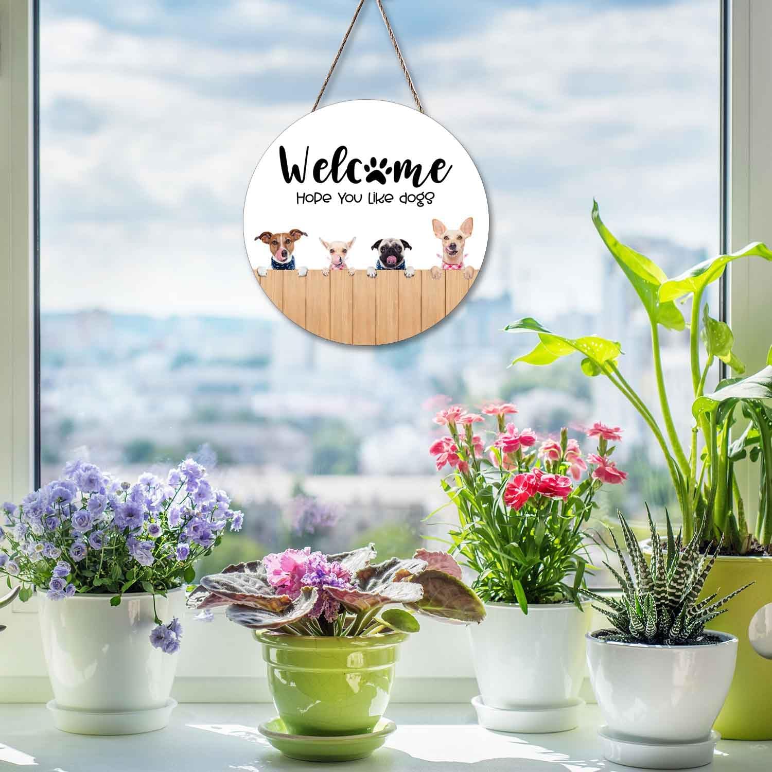Dog Decor Wreaths For Front Door Welcome Sign, Welcome Hope You Like Dogs Wooden Signs Funny Puppy Dogs Welcome Wreath Hanger Pool Porch Home Kitchen Coffee Wall Decorations - Image 7