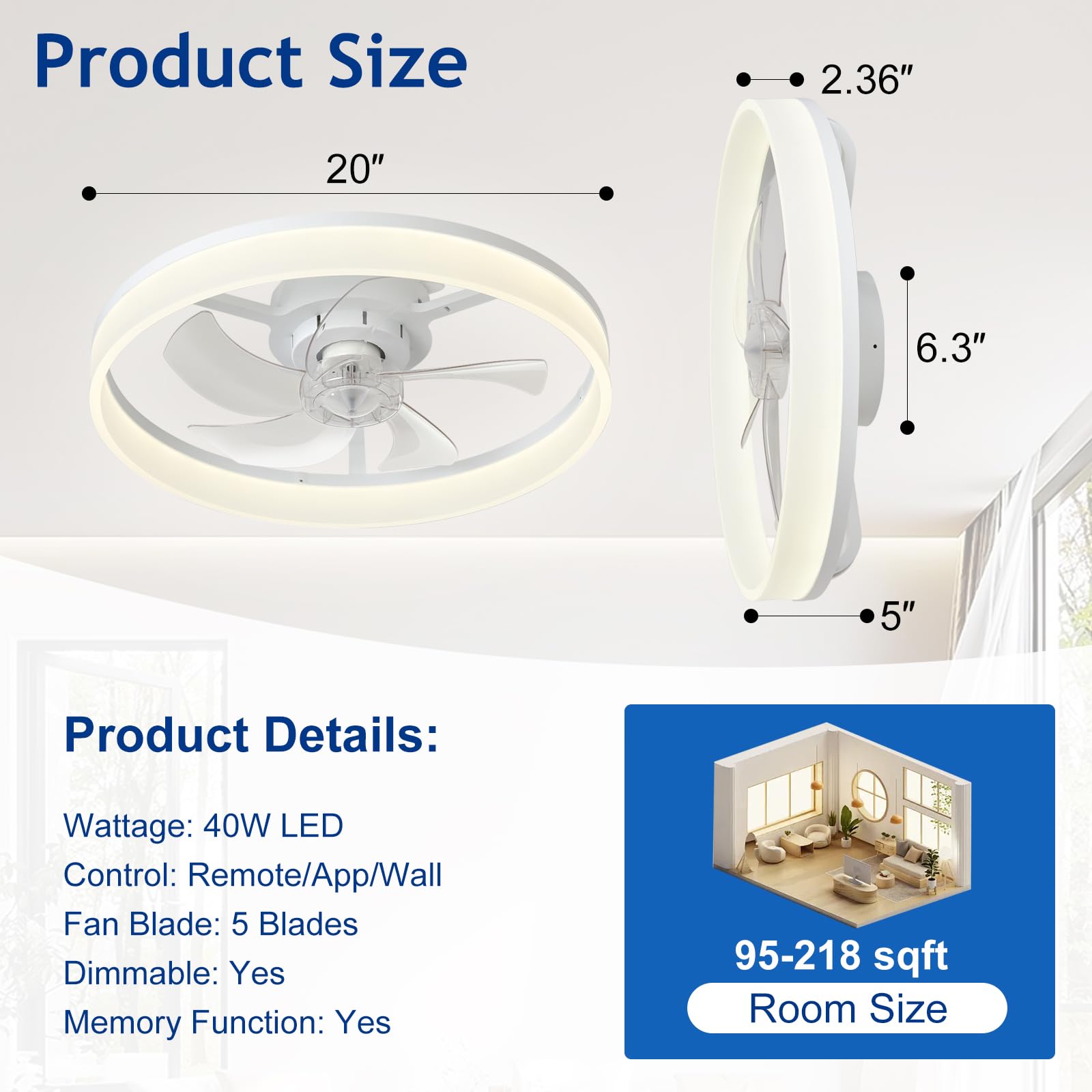 Depuley Ventilador de techo LED con luz: ventilador moderno de perfil bajo de 20" con mando a distancia para aplicaciones - Lámpara con ventilador blanco regulable sin aspas para dormitorio