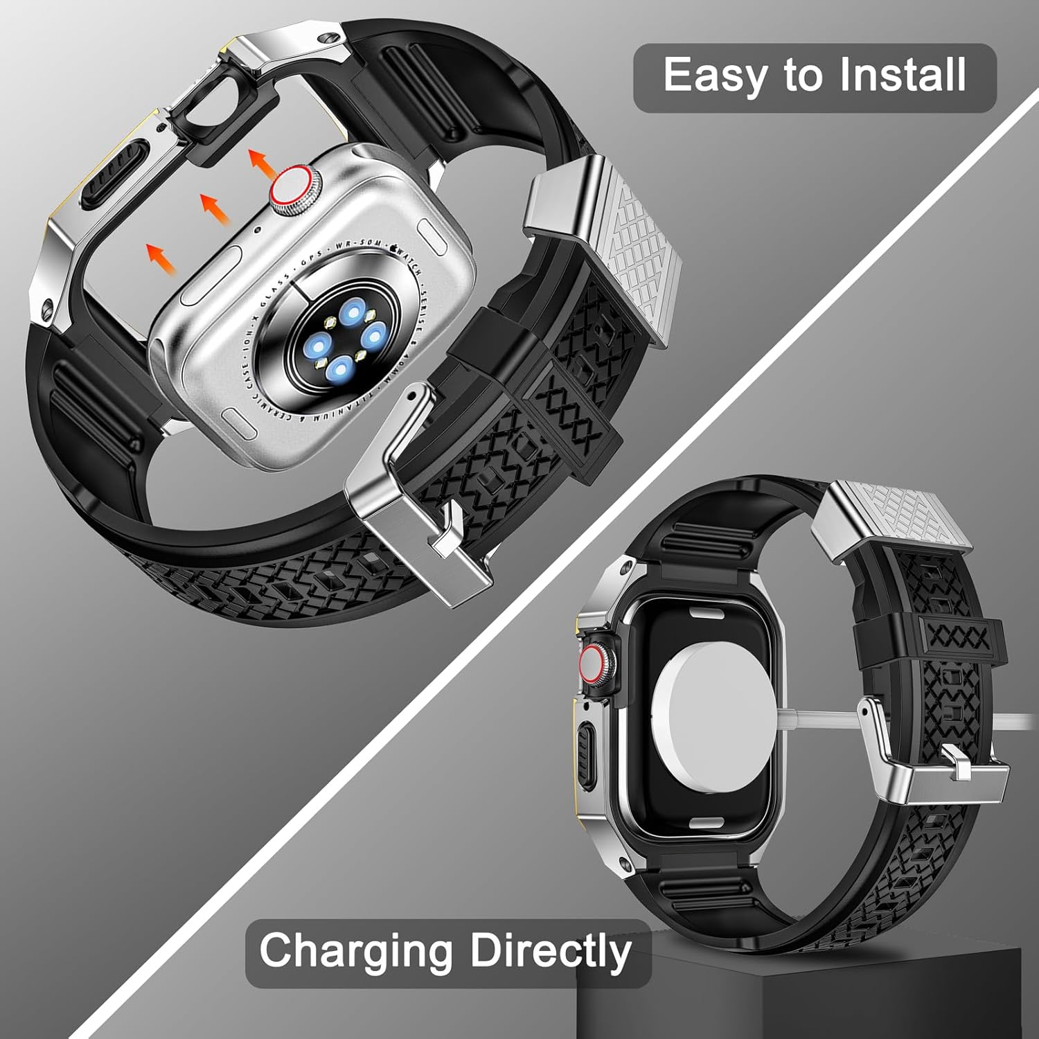 SUPLINK Stainless Steel Case with Silicone Band Compatible with Apple Watch Series 9 8 7 45mm Metal Rugged Protector Cover for iWatch Men (Silver/Gold) - Image 6