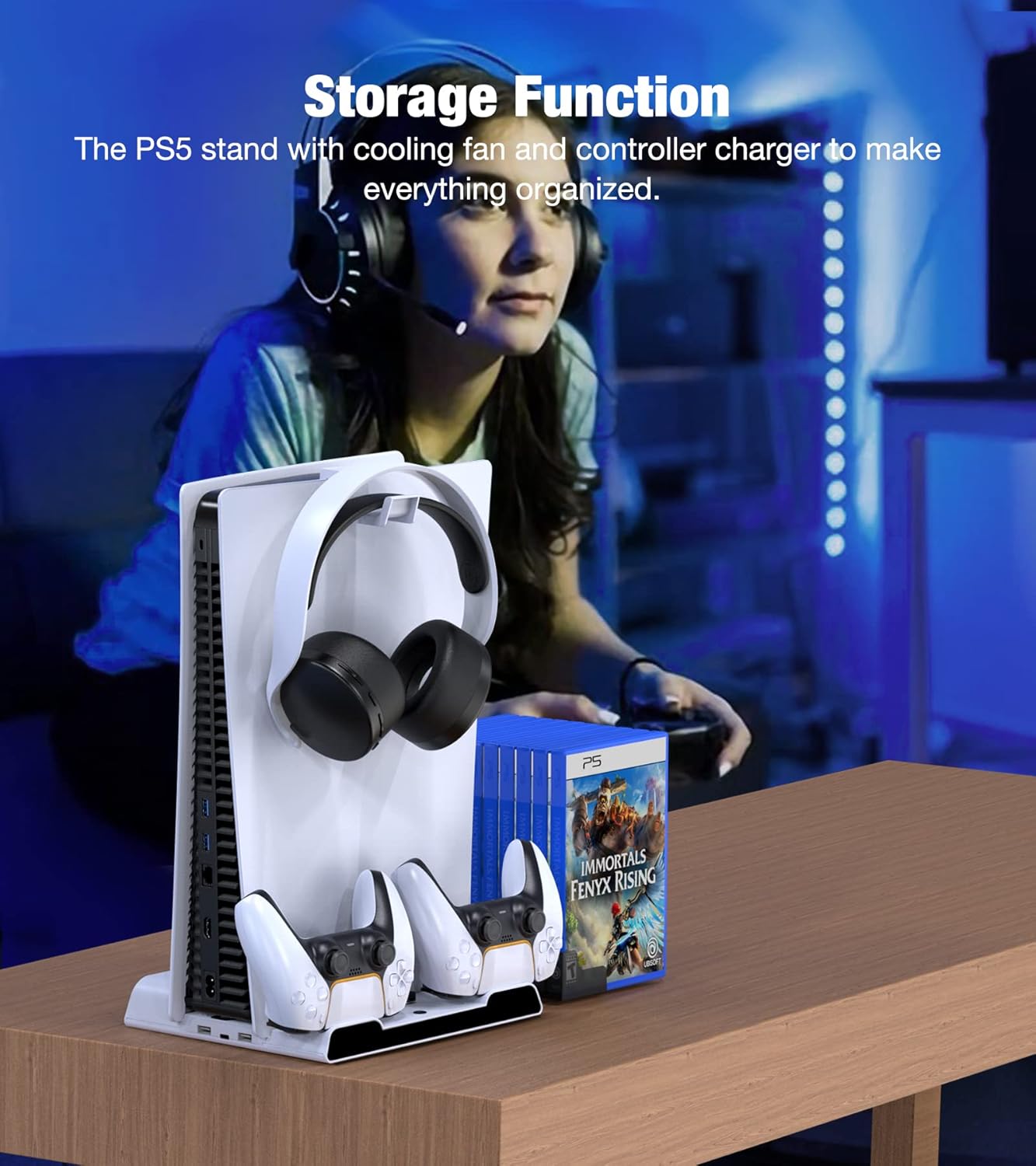 CYKOARMOR PS5 Cooling Station with Dual Fast Controller Charger for P5 Console, PS5 Accessories Vertical Base with Cooler Fan, PS5 Stand with Charging Dock and 13 Game Holder Storage White