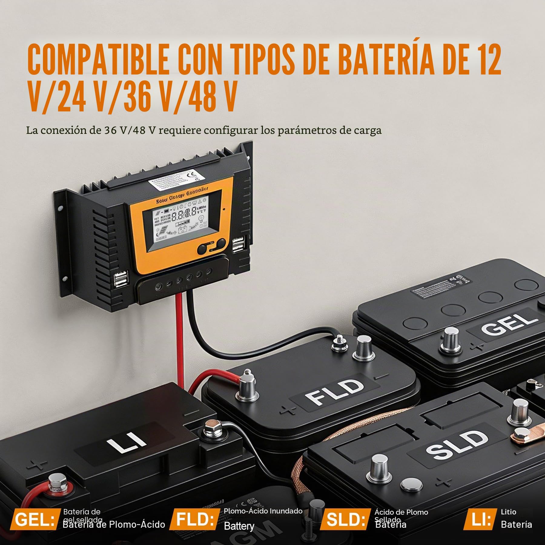 30A Controlador de Carga Solar Con Bluetooth, PWM 30A 12V 24V 36V 48V Regulador Carga Solar con Sensor Ttemperatura LCD Pantalla, 4×USB puerto, Apto muchos 12V 24V 36V 48V LI SLD FLD GEL AGM Baterías