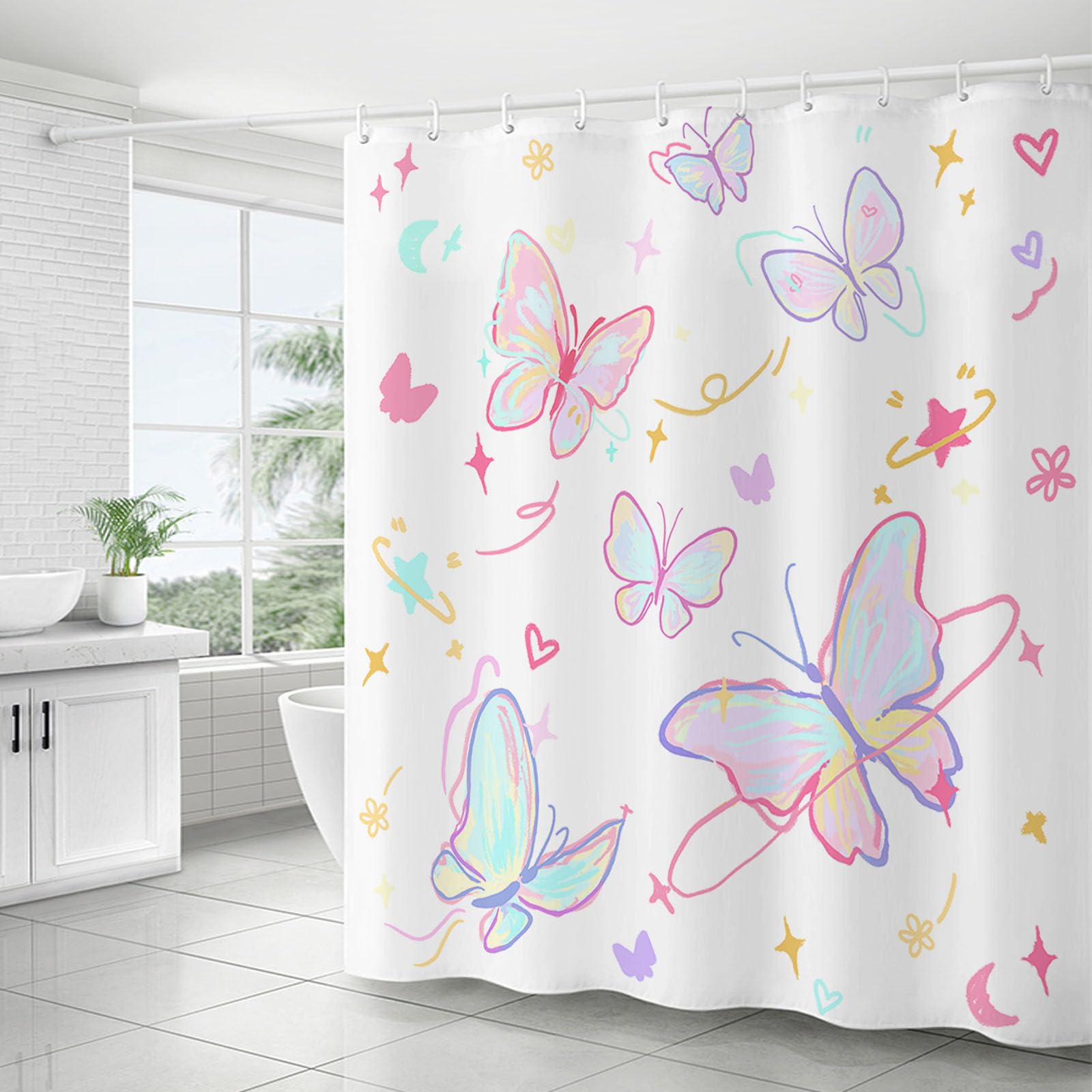 Mightree Bathroom Shower Curtain, Retro Modern Floral Curtains Decor Set, Polyester Fabric Soft Bathroom Curtain with 12 Hooks 1 Rope, Pink Butterfly