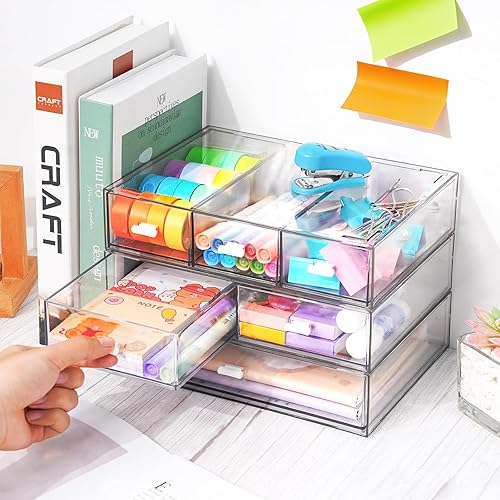 Miniatura 2 de Organizador de escritorio apilable de 3 niveles con 6 cajones, cajones de plástico de almacenamiento de escritorio, almacenamiento de maquillaje