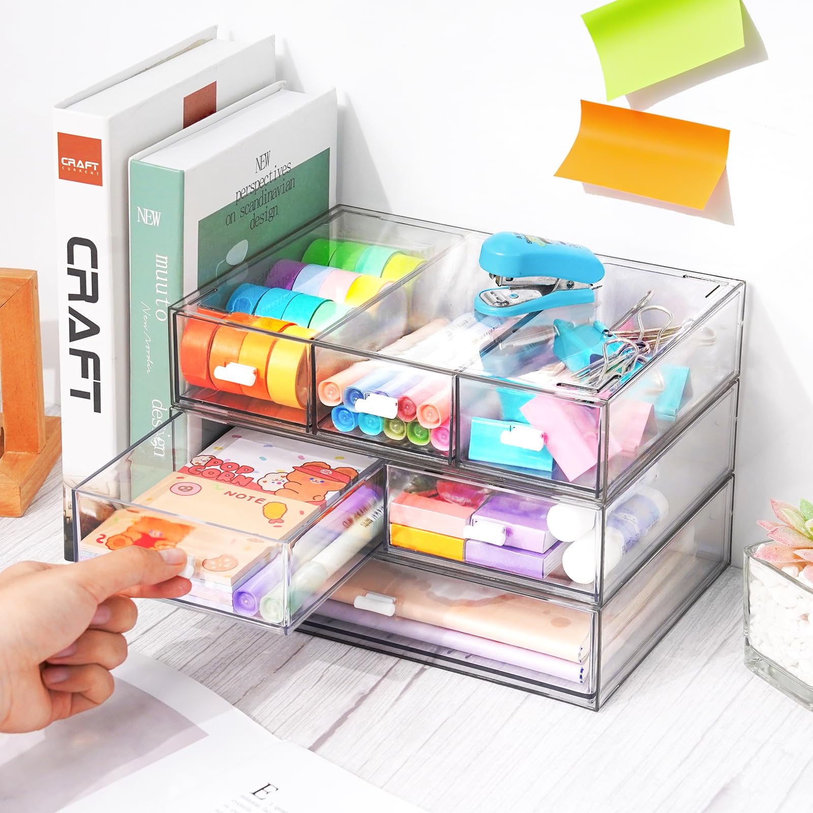 Organizer da scrivania impilabile a 3 livelli con 6 cassetti, in plastica, staccabile, per trucchi, cancelleria, ufficio, scuola, tutto trasparente