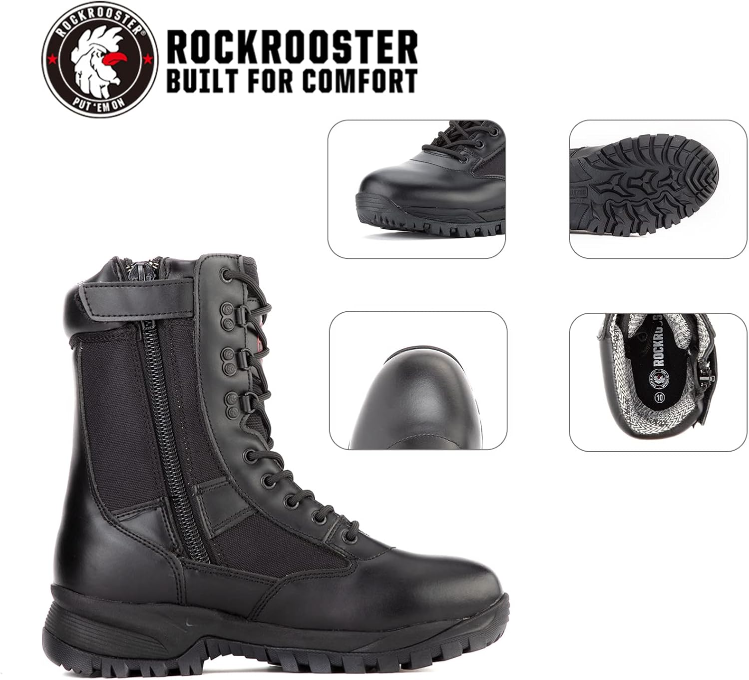 Miniatura 2 de ROCKROOSTER VEGA - Botas militares y tácticas con cremallera para hombre, punta suave de 8 pulgadas, tecnología antifatiga, botas ligeras