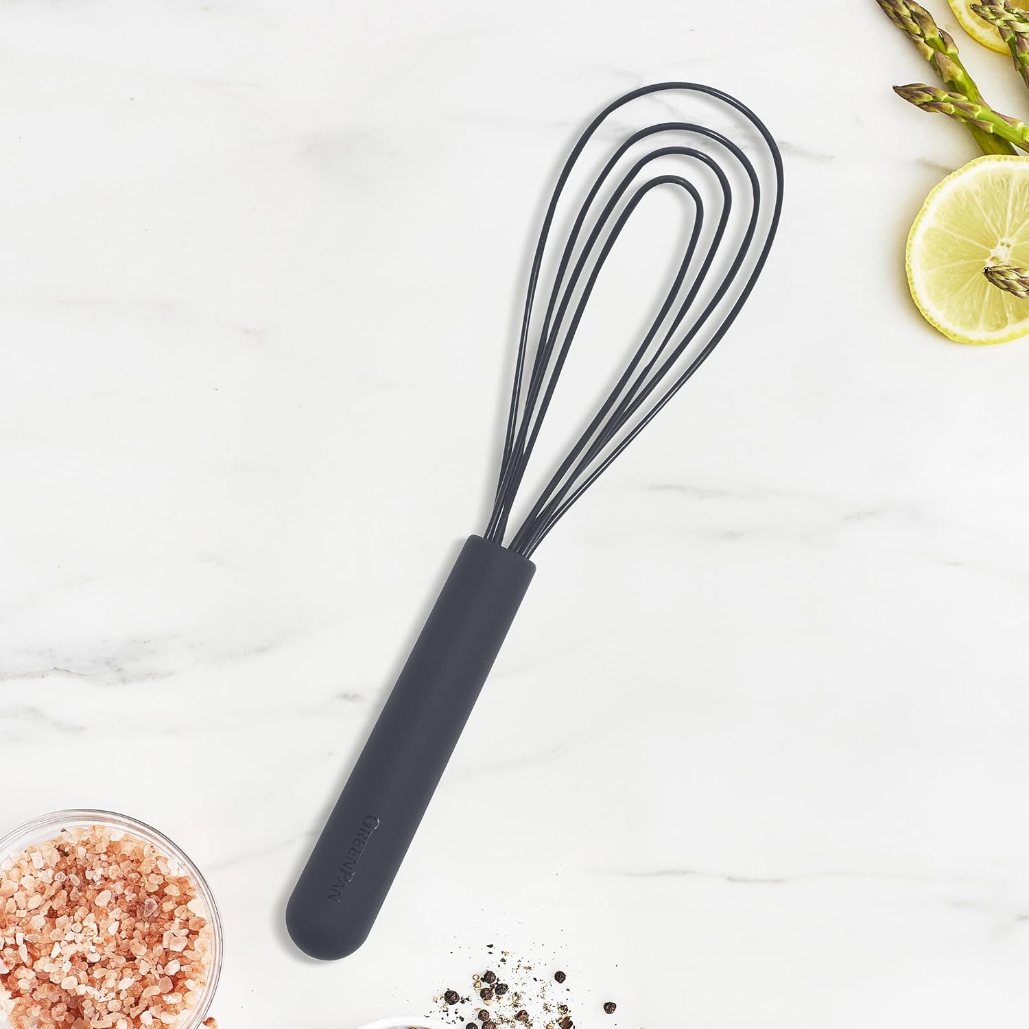 GreenPan Silicone Flat Whisk, Slotted Cooking Kitchen Utensil, Flexible Rubber Nonstick Cookware, Rigid Steel Core, Heat-Resistant, Anti-Slip Handle, BPA-Free, Dishwasher Safe, Gray - Image 2