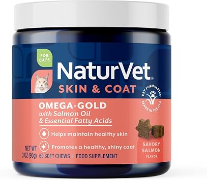 NaturVet Omega-Gold Skin & Coat Supplement for Cats - 60 Count | Savory Salmon Flavor