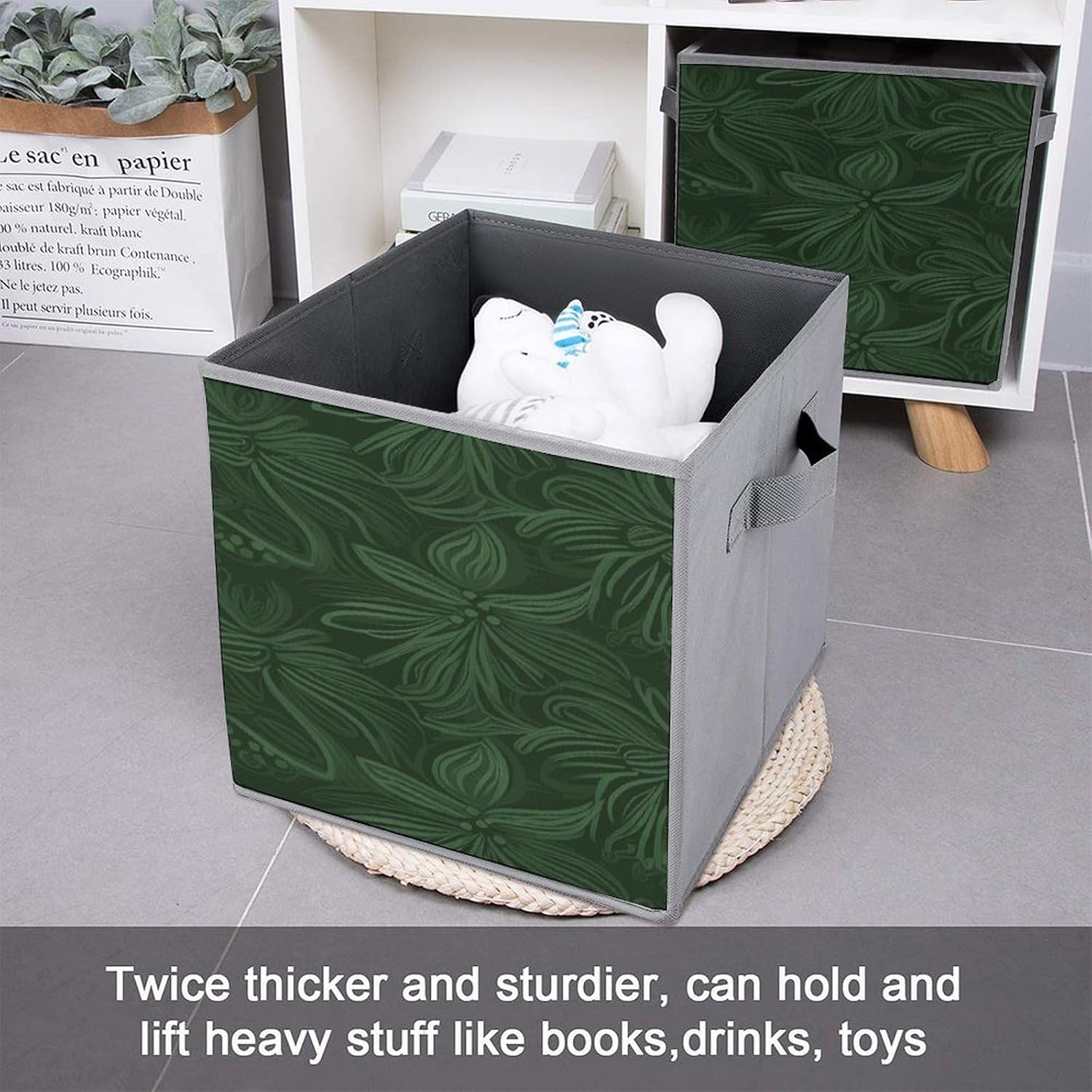 Hunter Green Floral Petals Pattern Storage Cubes Set of 6 Storage Bins with Handles Collapsible Storage Basket Fabric Storage Box for Shelves Large Closet Shelf Organizer for Organization 11 Inch
