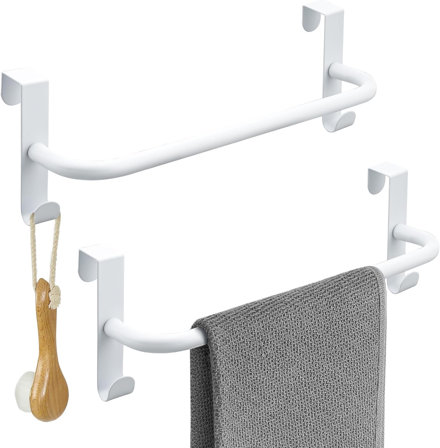 SAYAYO Over Cabinet Towel Bar Black, 15 Inch Kitchen Towel Holder with 2 Hooks, Over The Cupboard Door Dish Towel Rack, 2 Pcs (16 Inch Total Length)
