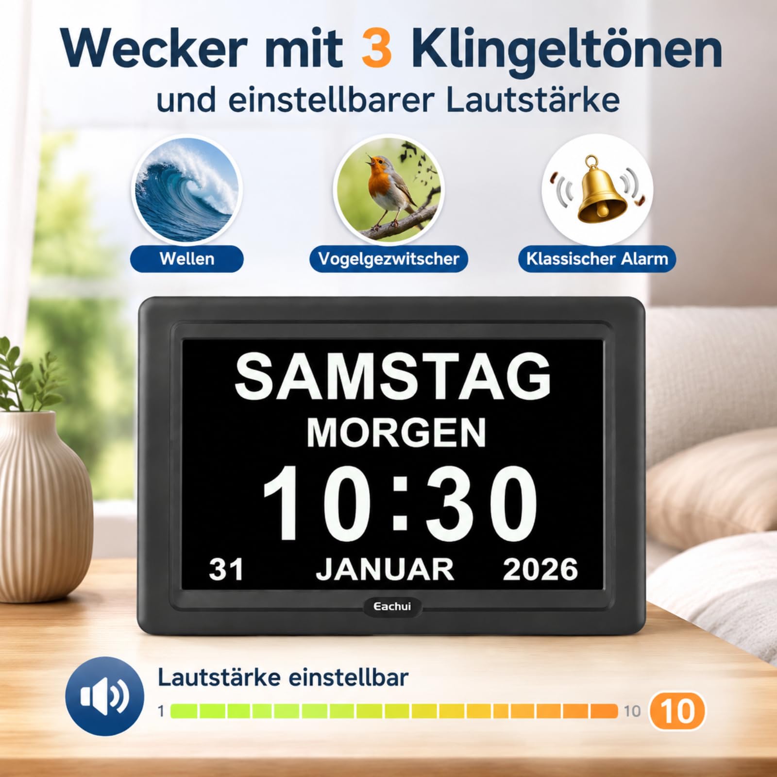 Eachui Digitaler Demenz Uhr Großes Display für Senioren,Plug in(7 Zoll) | Datum Tag der Woche Kalender Uhr 20 Erinnerungen 3 Klingeltöne 10 Stufen Lautstärke, Auto DST