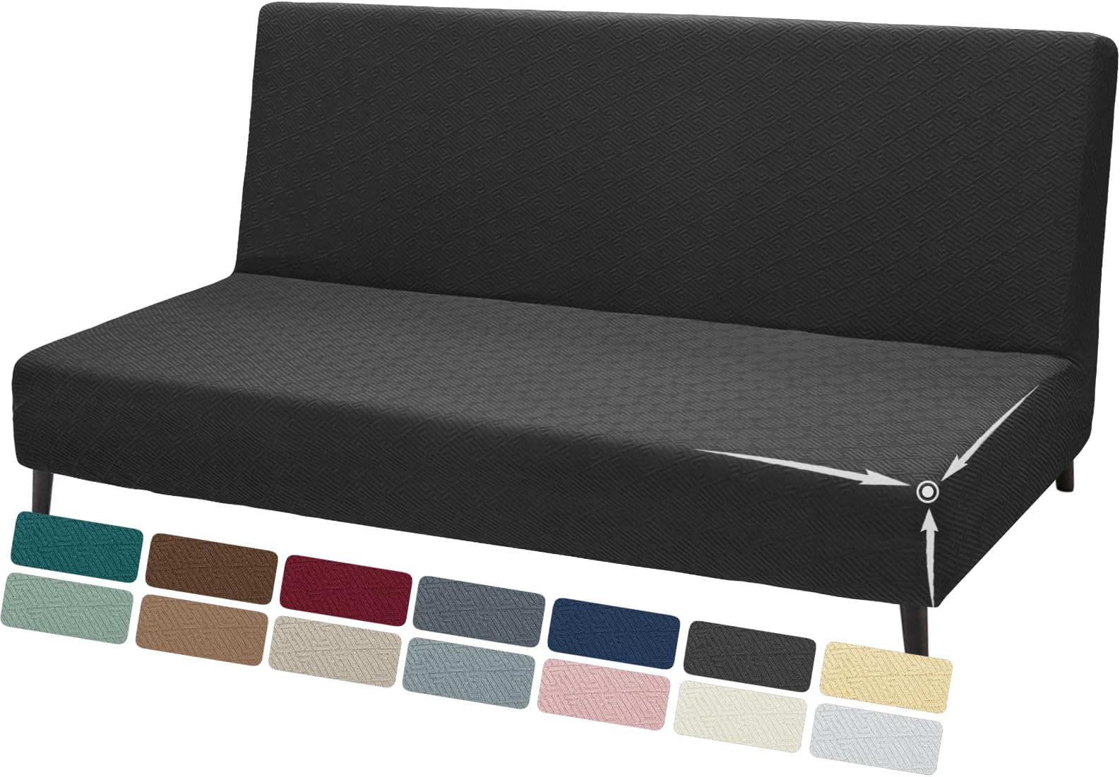 ZNSAYOTX Stretch Fit Futon Cover (67"-82") Armless Futon Sofa Bed Slipcover with Elastic Band, Universal Foldable Sofa Mattress Protector Full Queen Size, Washable Comfort Jacquard (Black)