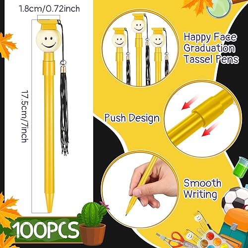 Miniatura 2 de Bolígrafo de punta de graduación a granel de 100 unidades, con borlas, cara feliz, punta redonda, punta redonda de 0.028 in, tinta de gel negra,
