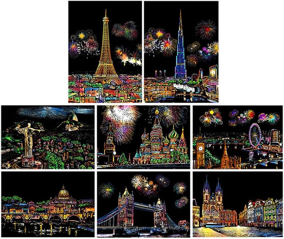 VILLCASE Scratch Paper, Night View Scratchboard Night Scene Scratch Painting Paper with Famous City Landmarks Black Scratch Paper Black Scratch It off Paper for Adults and Kids
