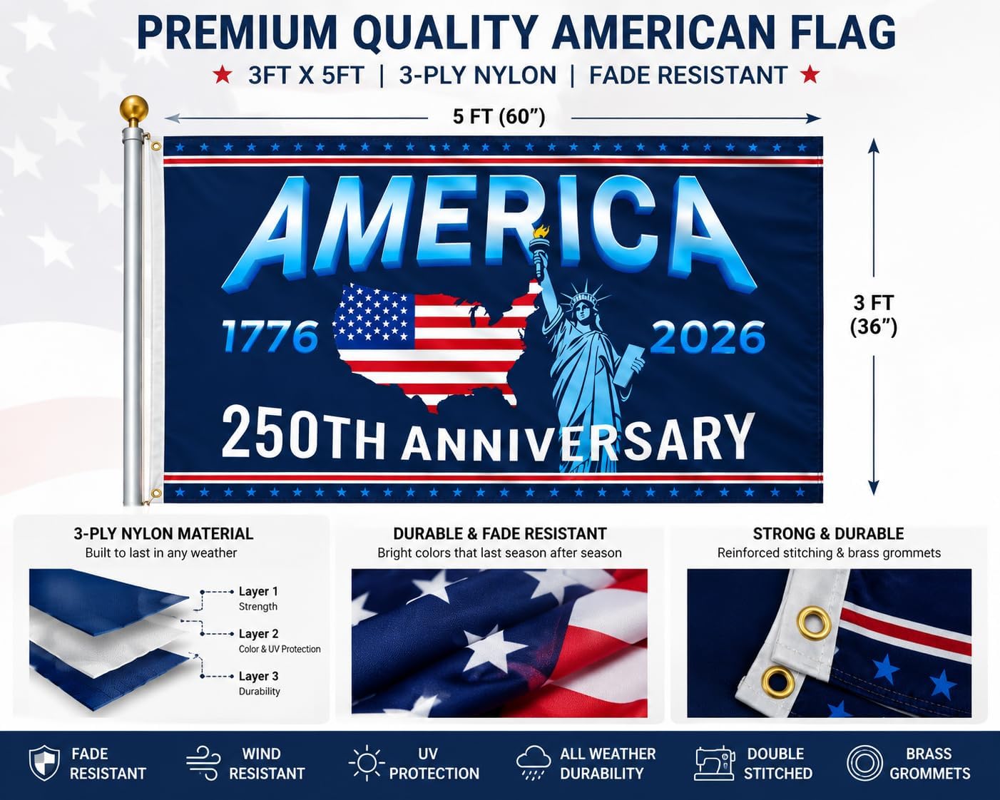 250th Anniversary USA Flag 3x5 Ft Double Sided, 1776-2026 Patriotic American Flag with 3 Layer Polyester, Independence Day Outdoor Decorations for Porch Yard Home July 4th Decor